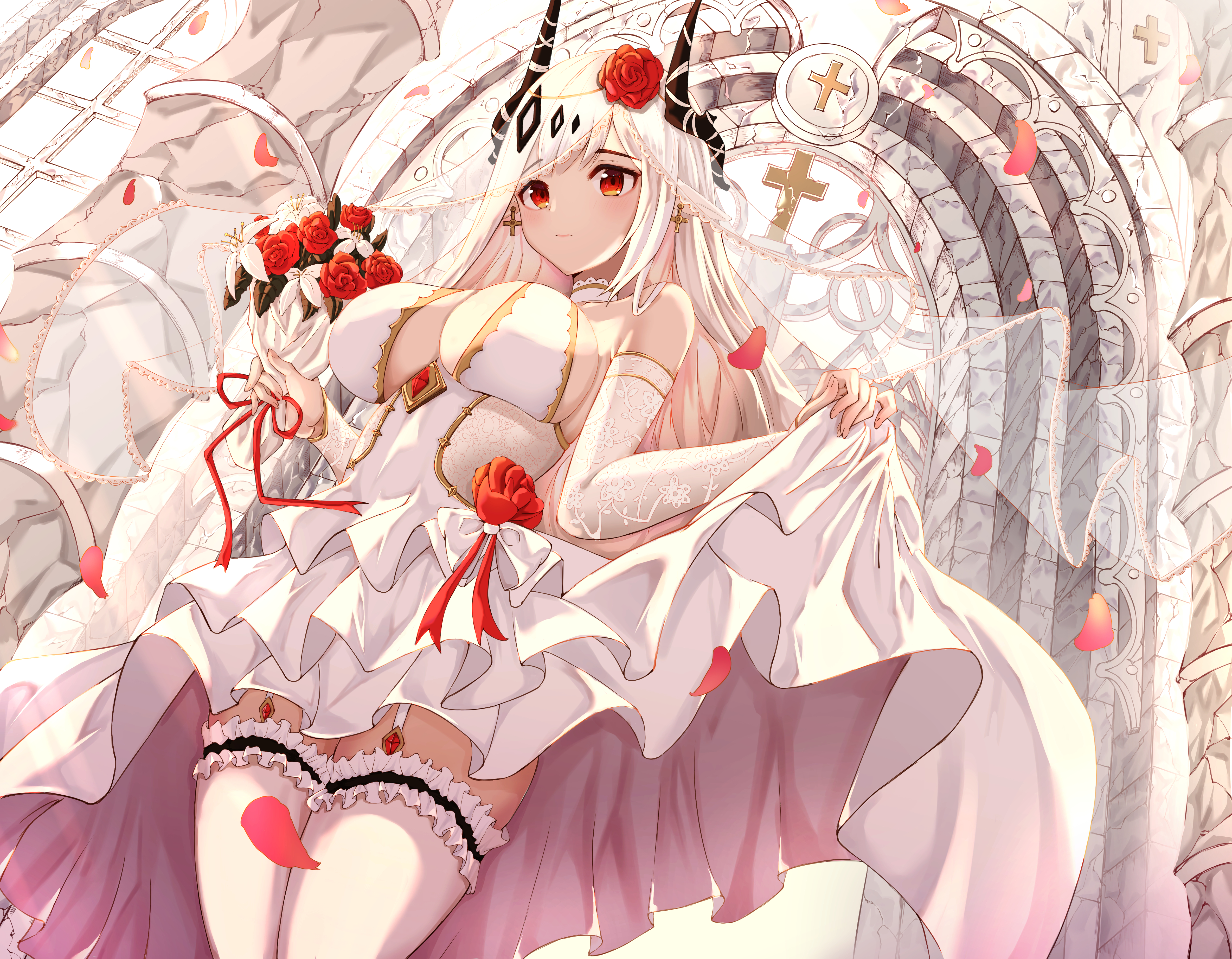 Arknights Mudrock Arknights White Dress White Hair Brides Red Eyes Lifting Dress Horns Anime Girls L Wallpaper:4736x3686