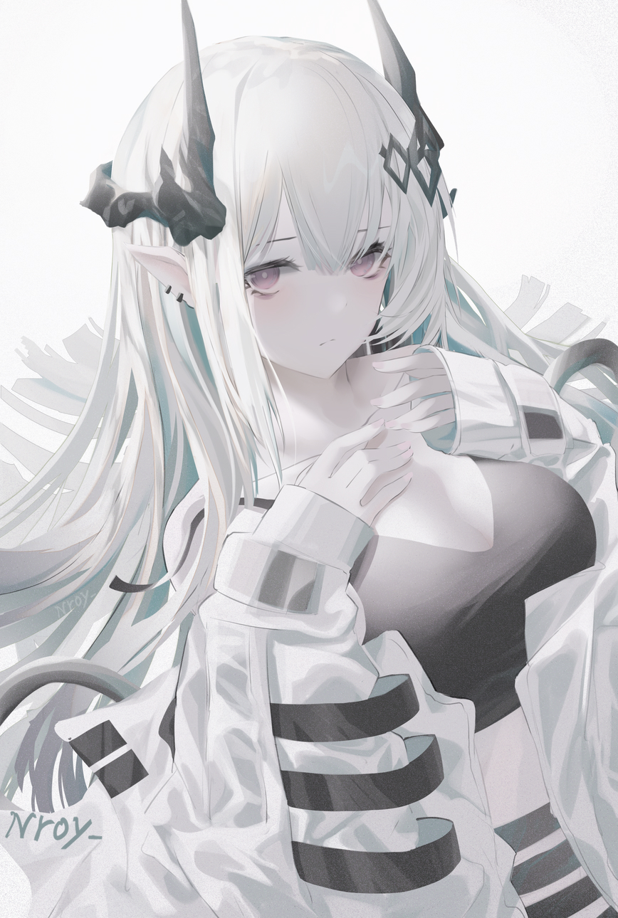 Portrait Display Arknights Nroy Anime Girls Silver Hair Horns Pointy Ears Mudrock Arknights Wallpaper:868x1290