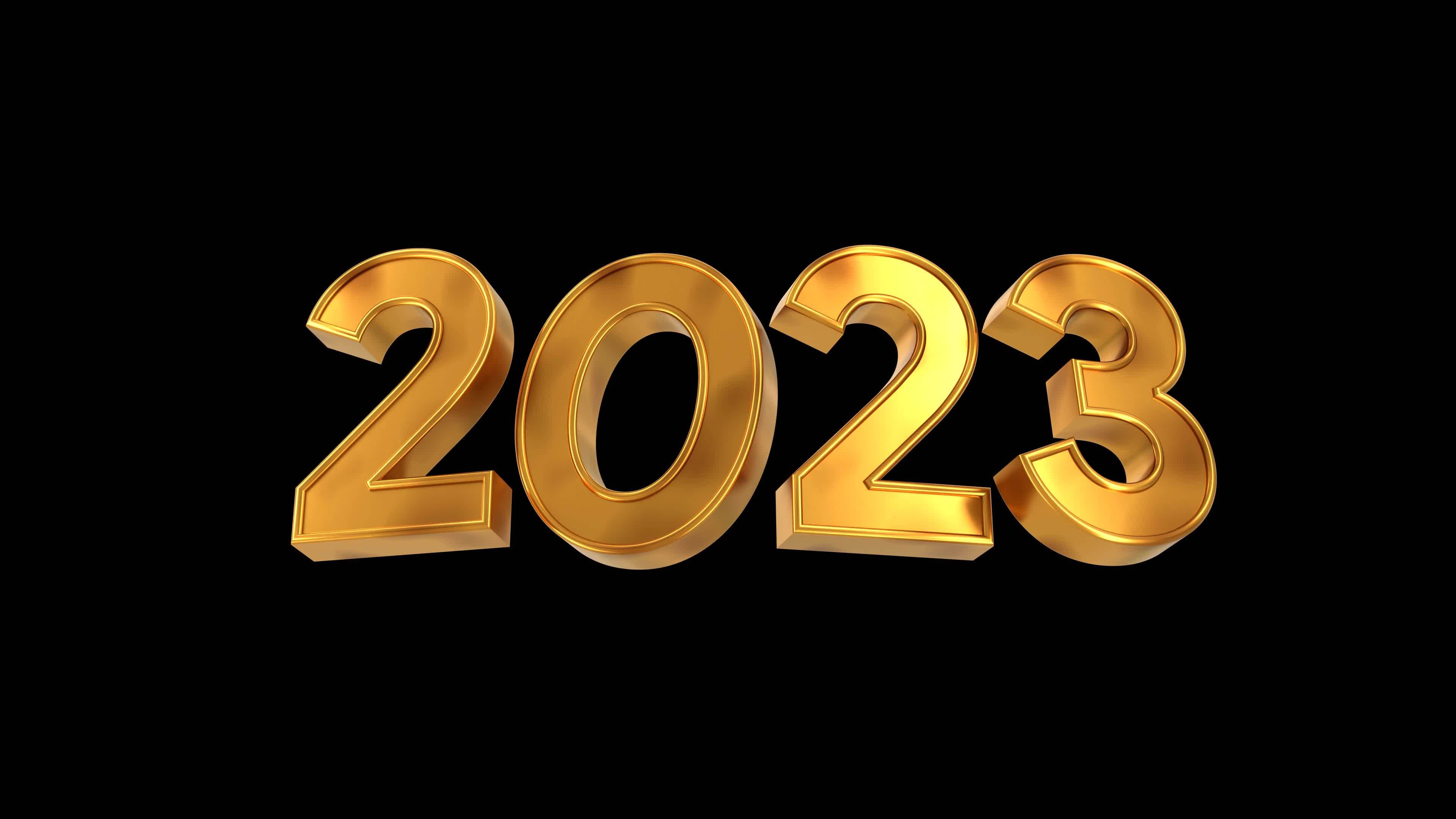 happy new year 2023 gold text with black isolated background 3D illustration rendering 4k resolution video