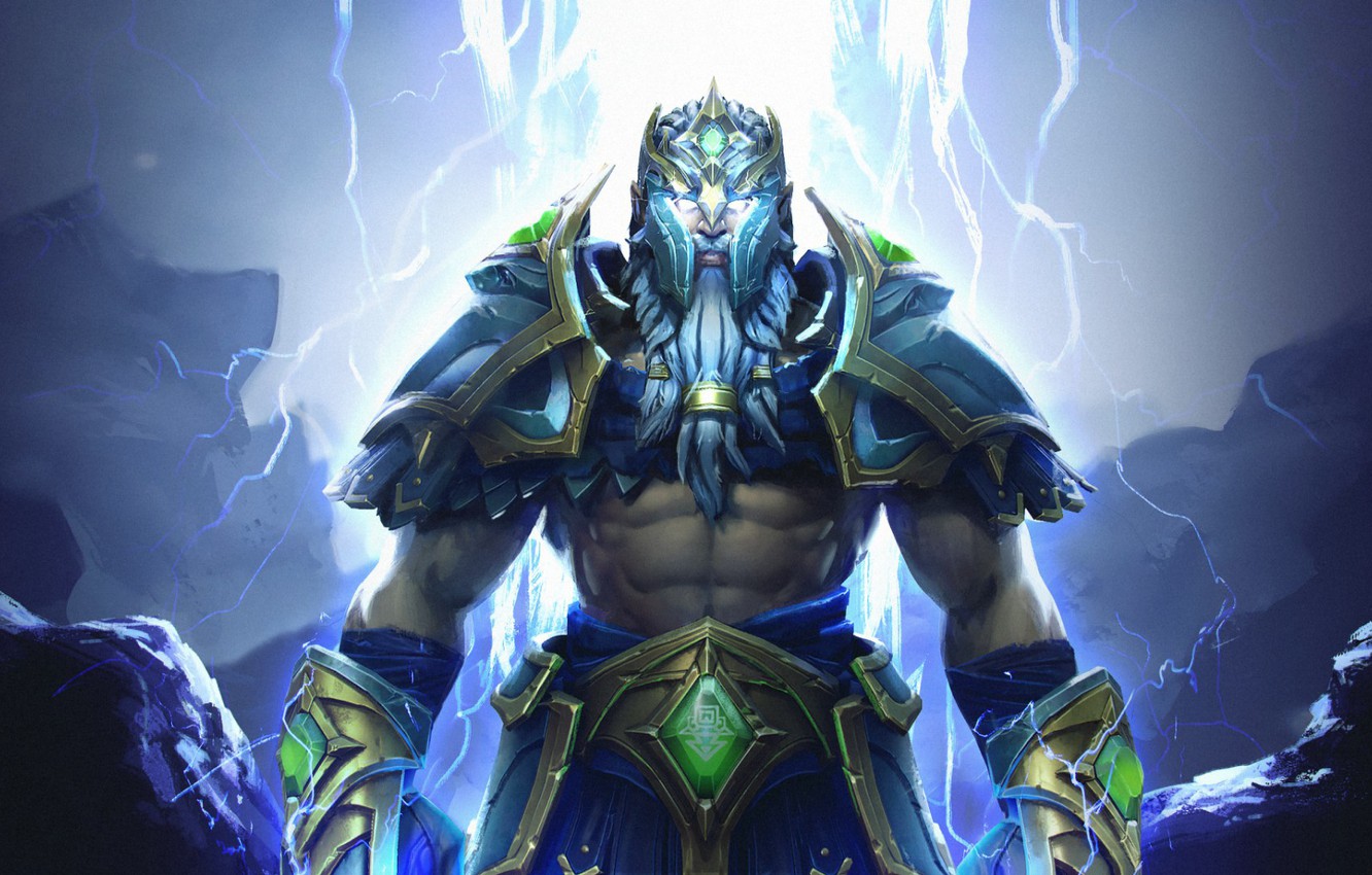 Wallpaper zipper, armor, lightning, art, Dota 2, Zeus, Zeus, the God of thunder, thunder god image for desktop, section игры