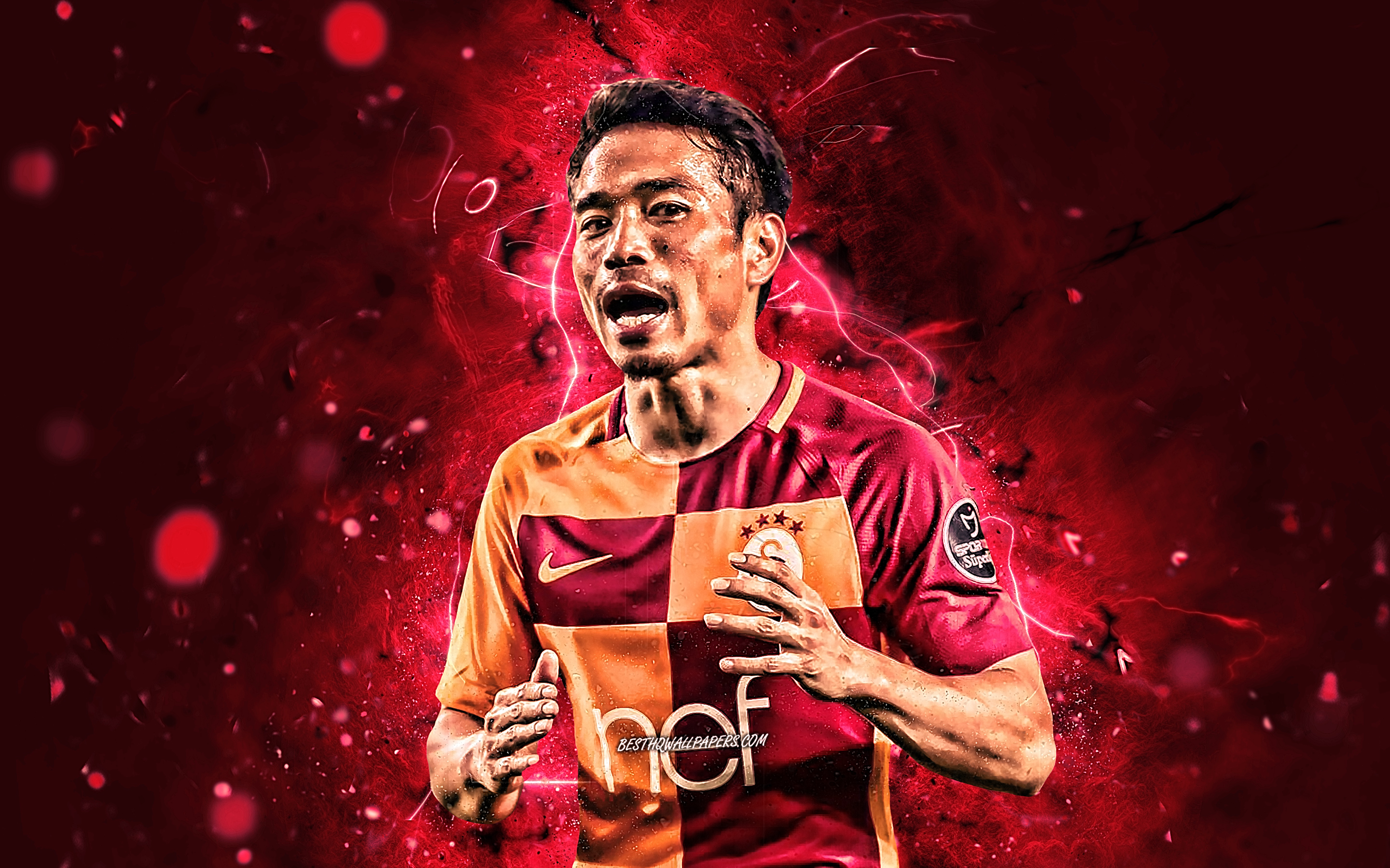 Download Wallpaper Yuto Nagatomo, Japanese Footballers, Galatasaray SK, Close Up, Soccer, Nagatomo, Turkish Super Lig, Turkey, Neon Lights, Galatasaray FC For Desktop With Resolution 2880x1800. High Quality HD Picture Wallpaper