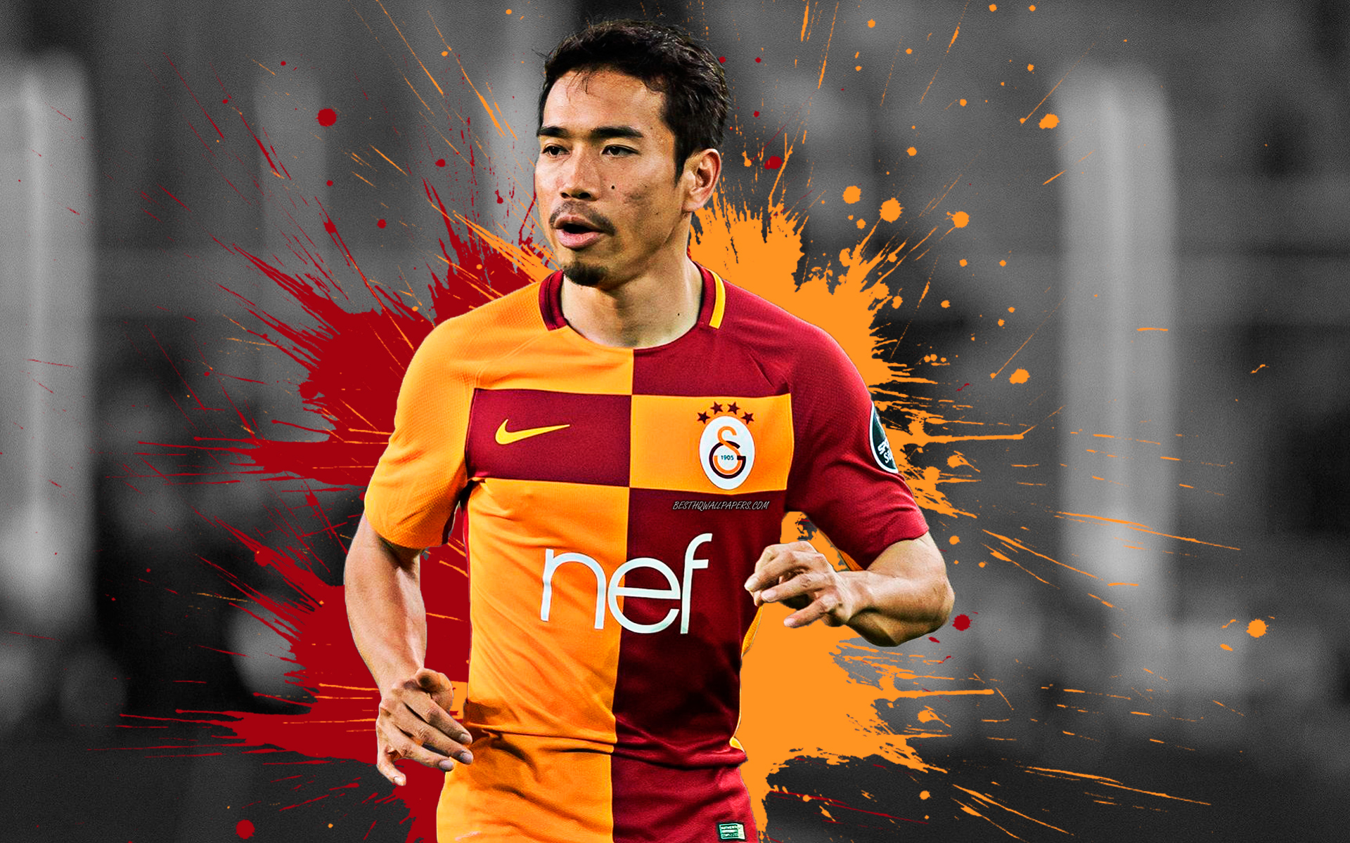 Download wallpaper Yuto Nagatomo, 4k, art, Galatasaray SK, Japanese football player, splashes of paint, grunge art, creative art, Turkey, football for desktop with resolution 1920x1200. High Quality HD picture wallpaper