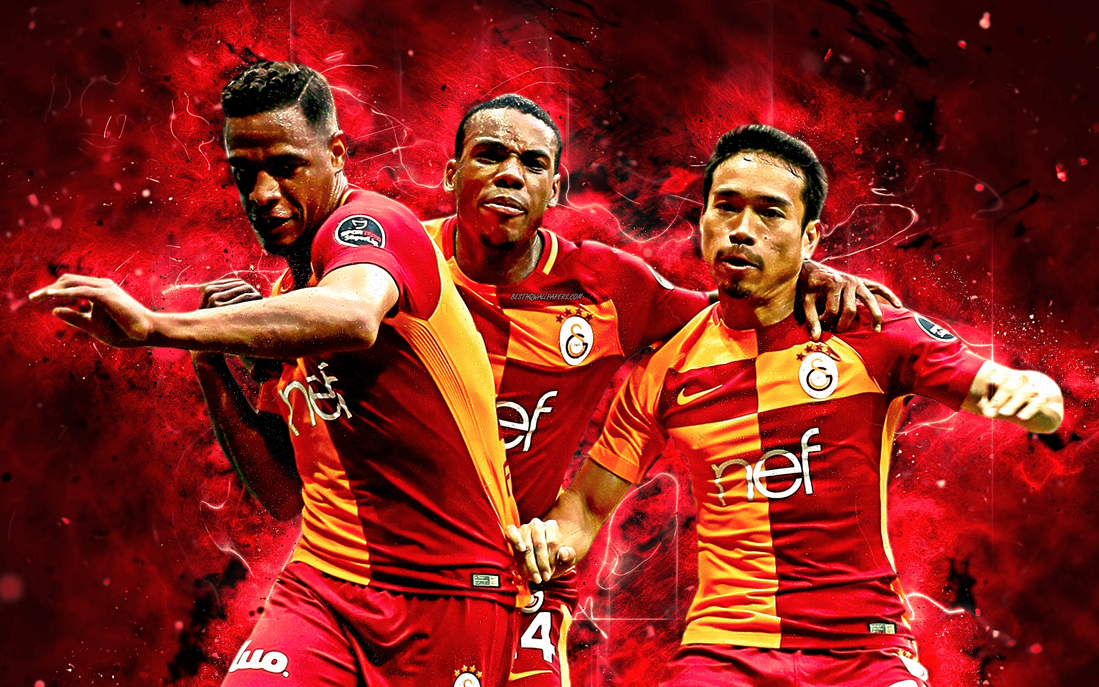 Download wallpaper Fernando Reges, Garry, Rodrigues, Yuto Nagatomo, 4k, goal, Galatasaray, soccer, Turkish Super Lig, footballers, neon lights, Galatasaray FC for desktop with resolution 3840x2400. High Quality HD picture wallpaper
