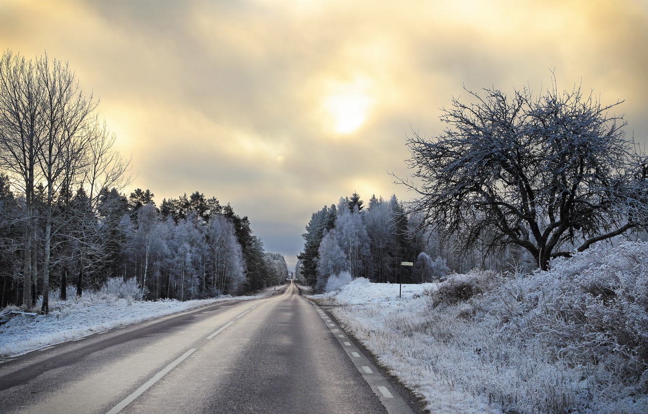 Wallpaper winter, road, perspective, morning image for desktop, section природа