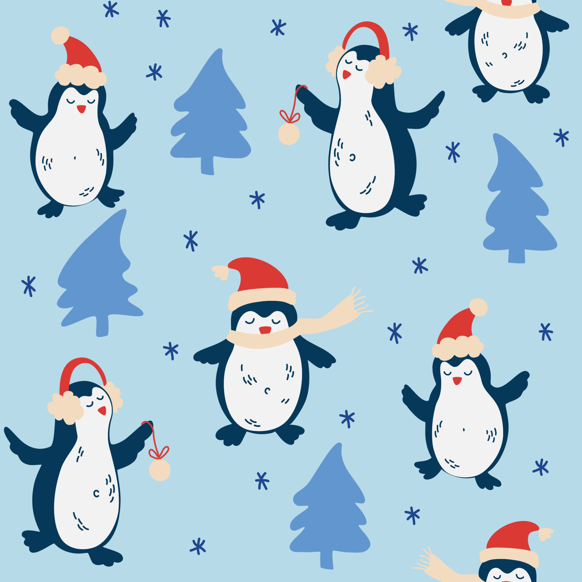 Christmas Penguins seamless pattern. cute funny penguins, different clothing, various poses. New Year's pattern for design on a Christmas theme. Vector winter holidays print for textile, wallpaper