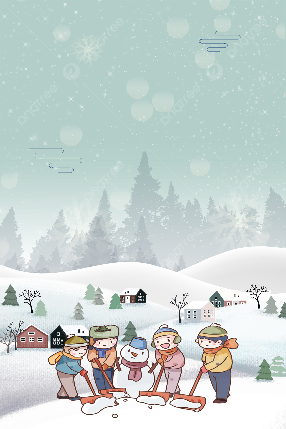 Minimalism Hello In December Snow Child Background, Shoveling Snow, Illustrator Style, Cartoon Background Image for Free Download