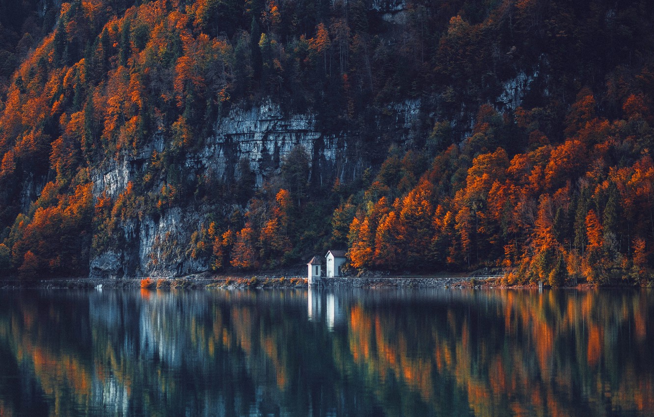 Wallpaper autumn, forest, water, trees, mountains, lake, reflection, the dark background, rocks, shore, the building, house, red, pond image for desktop, section пейзажи