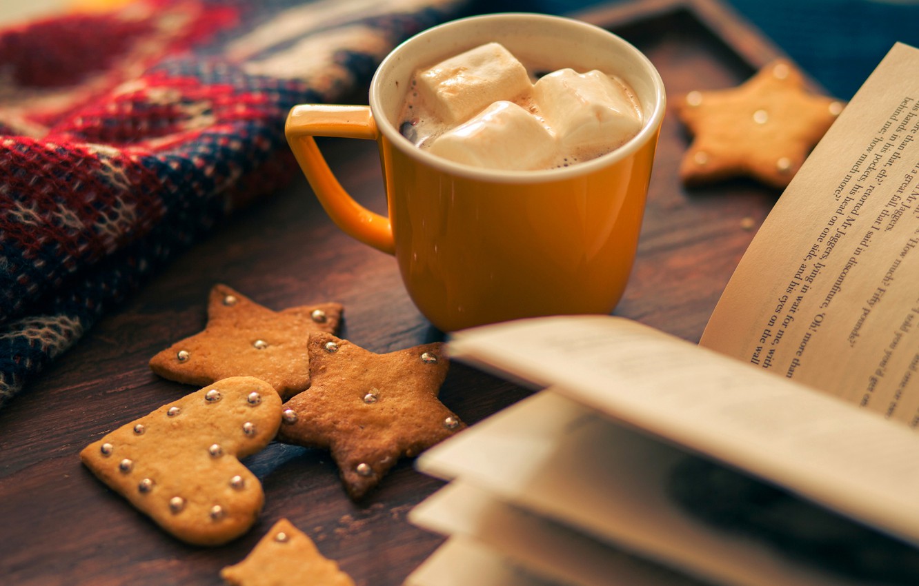 Wallpaper winter, holiday, heart, star, food, cookies, Cup, book, star, heart, winter, cup, cocoa, book, holiday, cocoa image for desktop, section еда