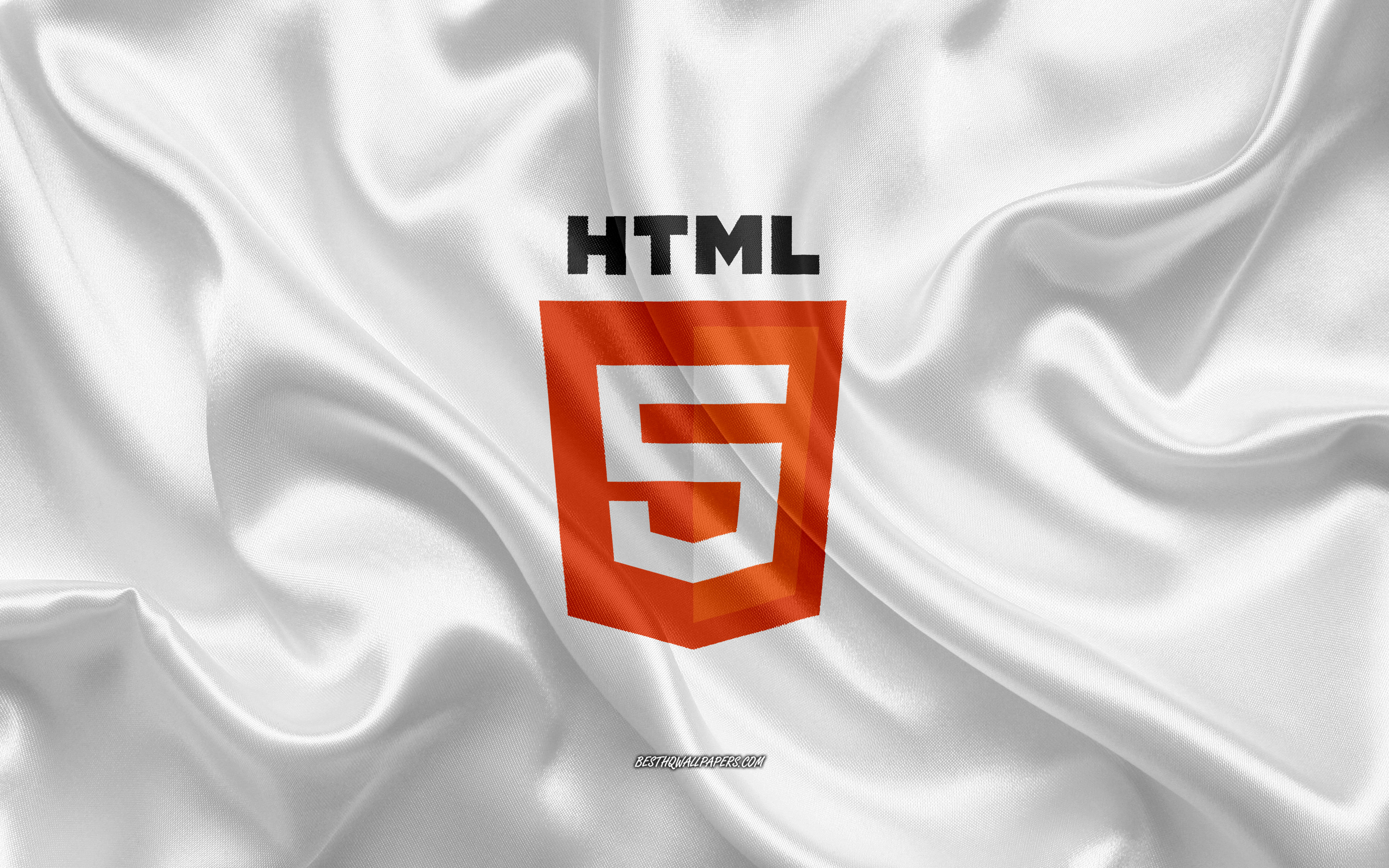 Download wallpaper HTML5 logo, white silk texture, HTML5 emblem, programming language, HTML, silk background for desktop with resolution 3840x2400. High Quality HD picture wallpaper