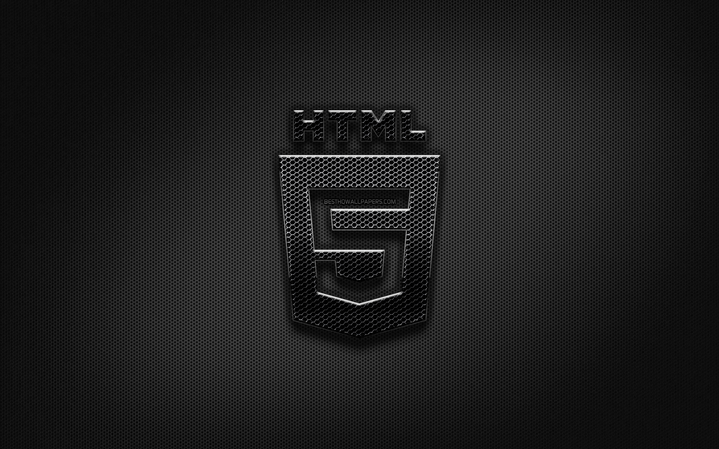 Download wallpaper HTML5 black logo, programming language, grid metal background, HTML artwork, creative, programming language signs, HTML5 logo for desktop with resolution 2880x1800. High Quality HD picture wallpaper