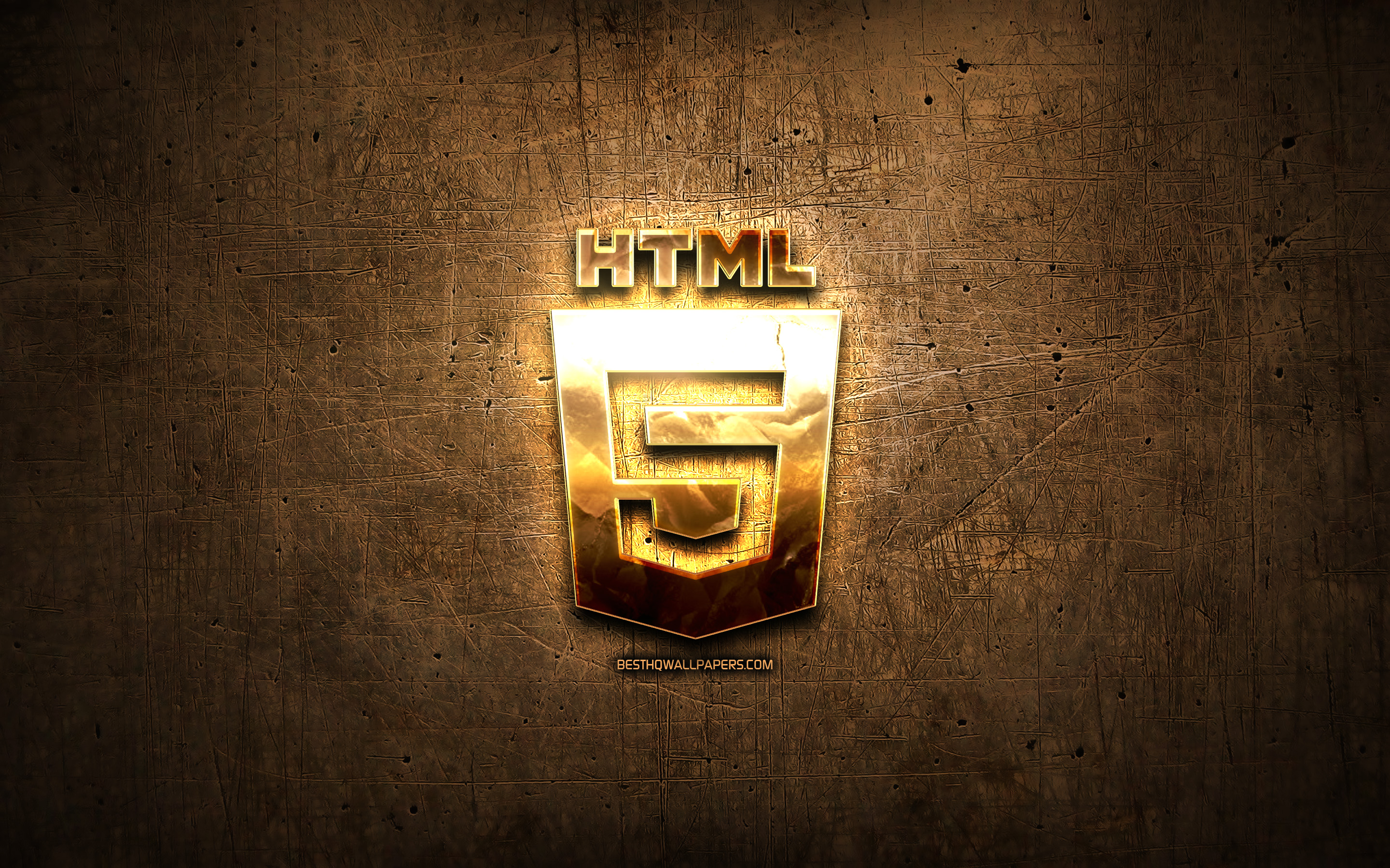 Download wallpaper HTML5 golden logo, programming language, brown metal background, creative, HTML5 logo, programming language signs, HTML5 for desktop with resolution 2880x1800. High Quality HD picture wallpaper