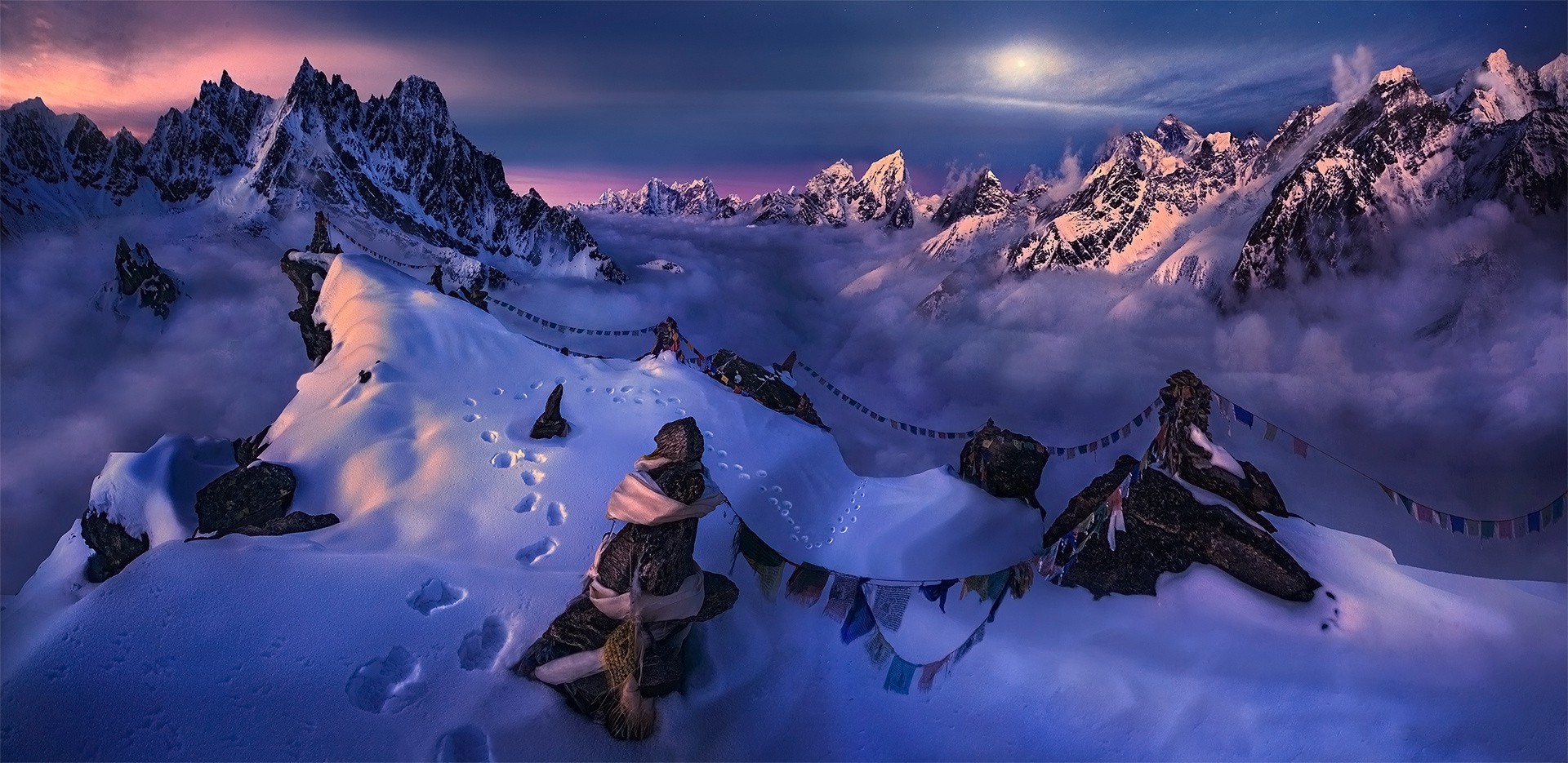 nature, Landscape, Mountain, Snow, Summit, Moonlight, Sky, Flag, Winter, Cold, Nepal, Himalayas Wallpaper HD / Desktop and Mobile Background