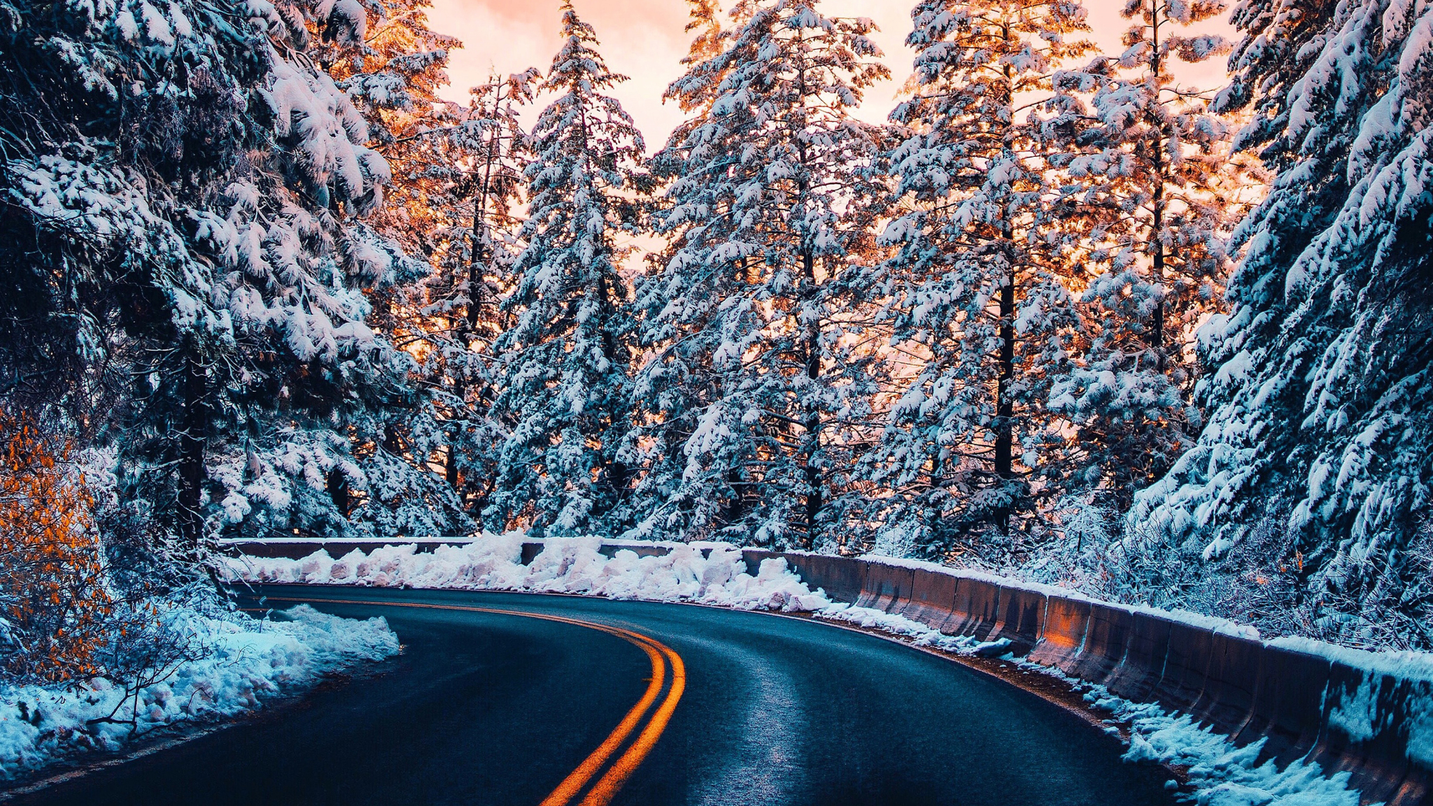 Download wallpaper 2048x1152 nature, winter, forest, road, dual wide 2048x1152 HD background, 23259