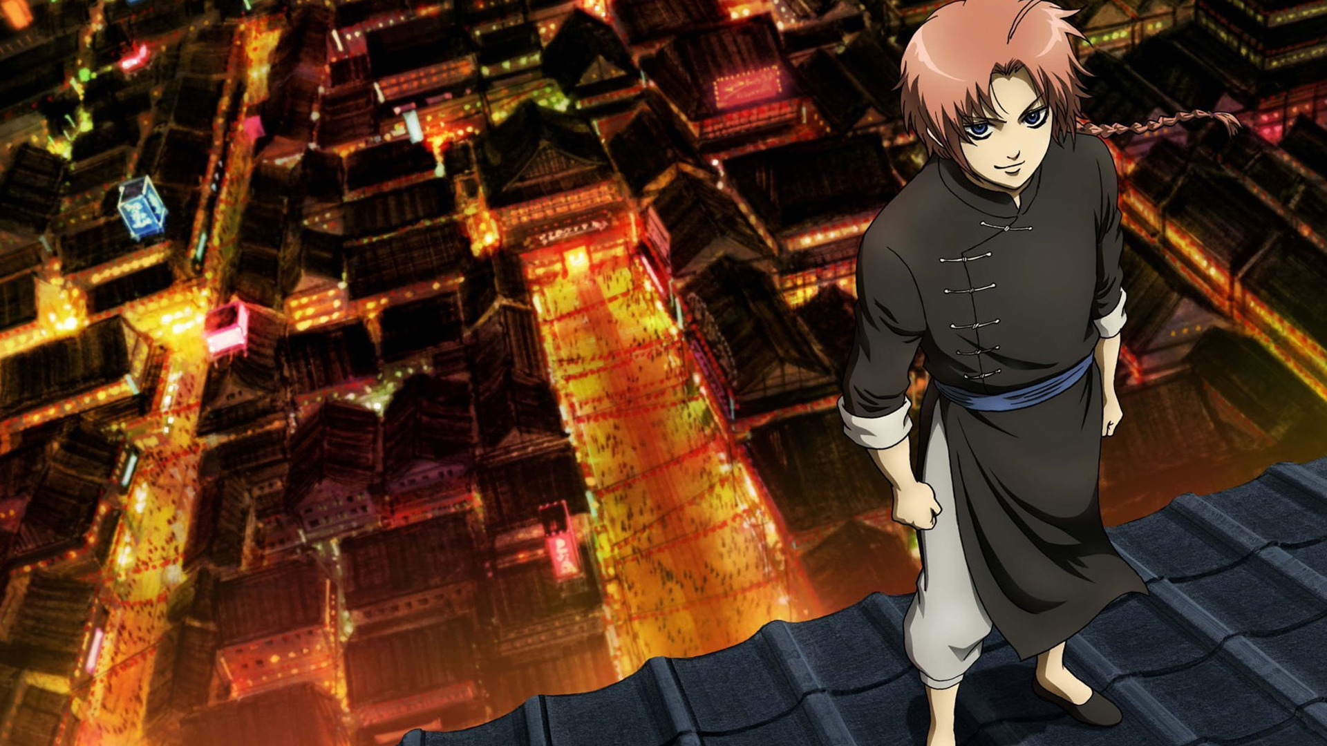 Download wallpaper roof, the city, Anime, look., Gintama, Kamui Yato, section other in resolution 1920x1080