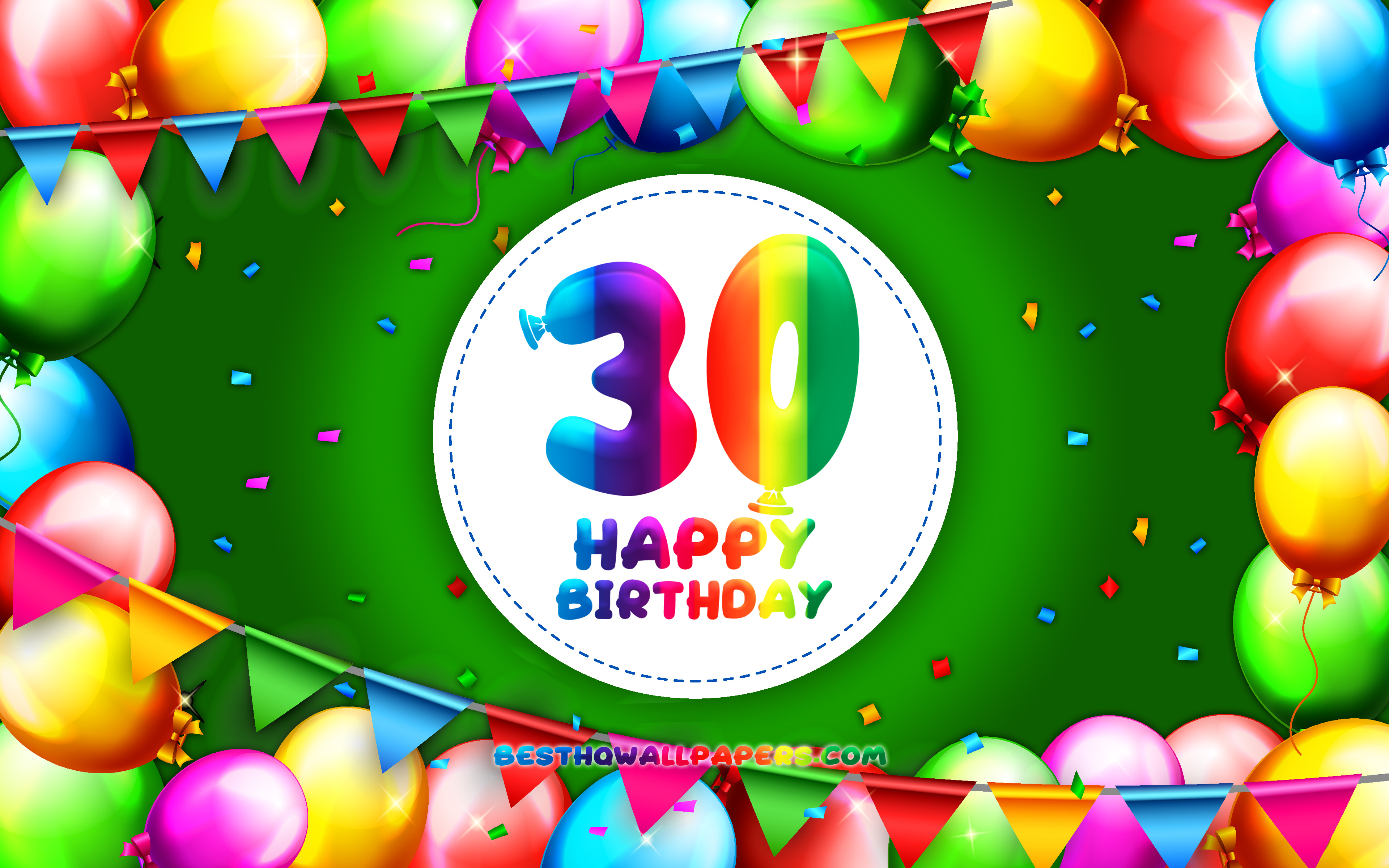 Download wallpaper Happy 30th birthday, 4k, colorful balloon frame, Birthday Party, green background, Happy 30 Years Birthday, creative, 30th Birthday, Birthday concept, 30th Birthday Party for desktop with resolution 3840x2400. High Quality