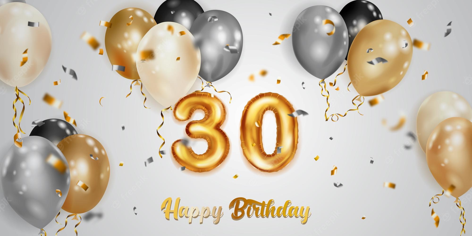 Premium Vector. Festive birthday illustration with white black and gold helium balloons big number 30 golden foil balloon flying shiny pieces of serpentine and inscription happy birthday on light background