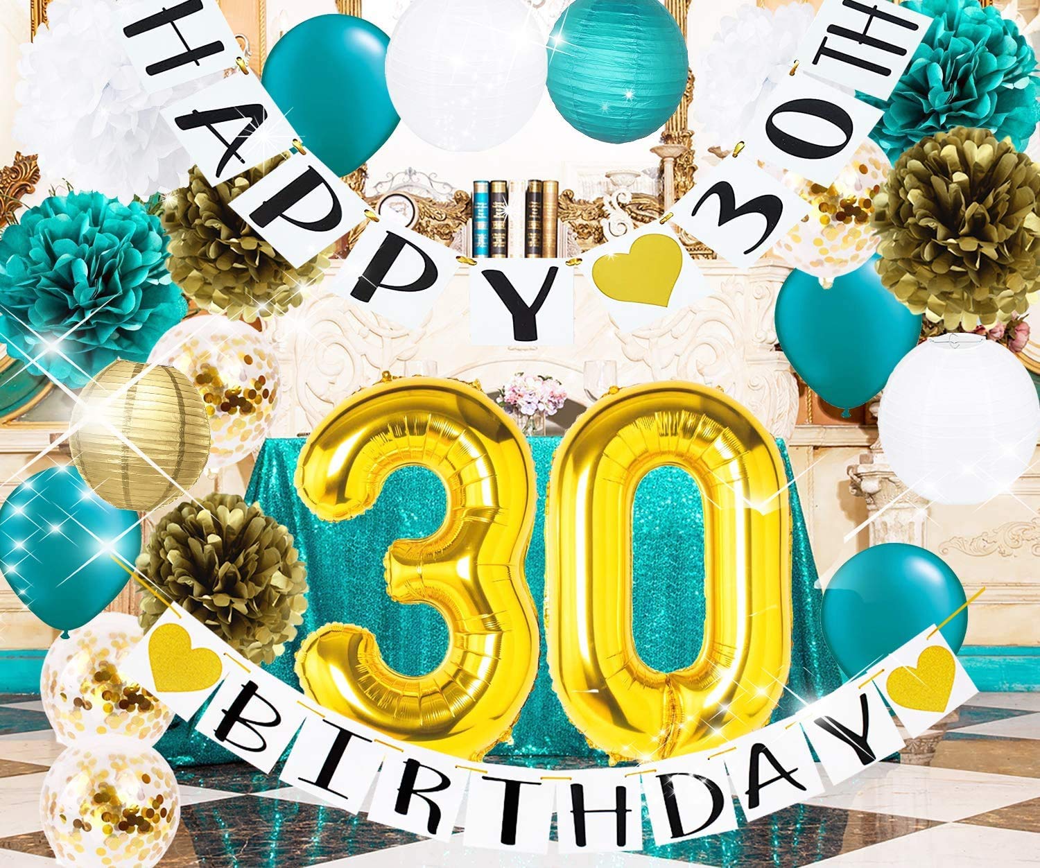 30th Birthday Decorations For Women Teal Gold Gold Confetti Latex Balloons Tissue Pom Poms Gold Teal 30th Birthday Decoration Happy 30 Birthday Party 30th Party Supplies, Home & Kitchen