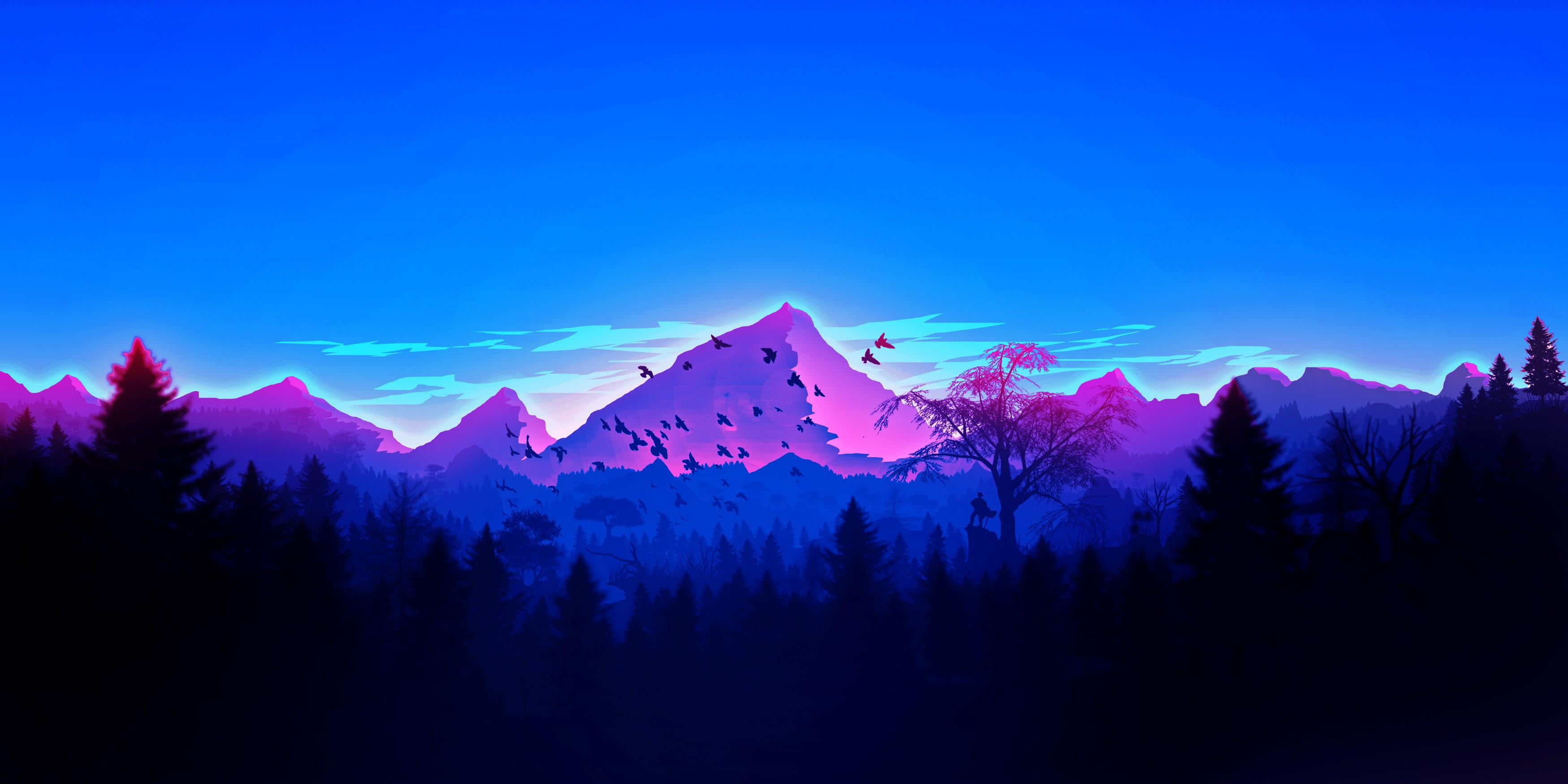 Artwork Wallpaper, Landscape, Mountains, Forest, Men, Minimalism, Vaporwave