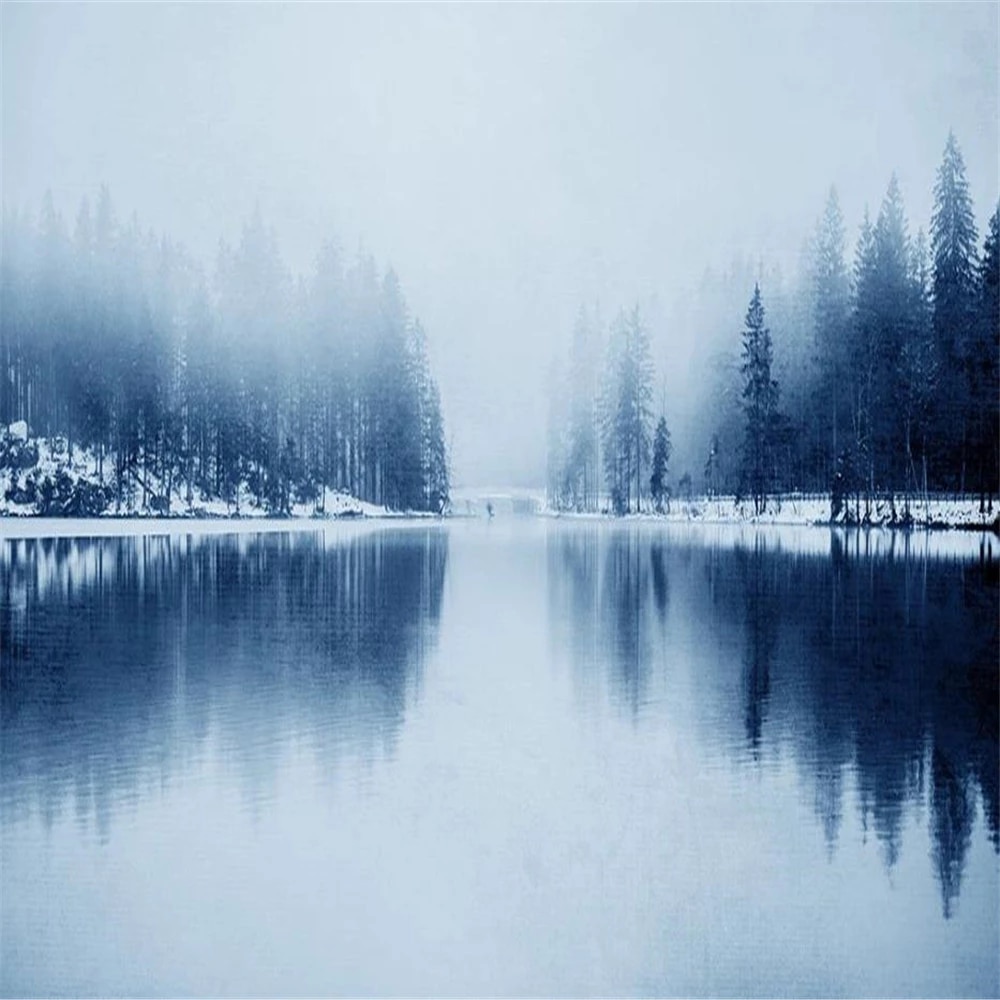 Modern minimalist forest wallpaper lake snow mountain landscape background wall decorative painting. Wallpaper