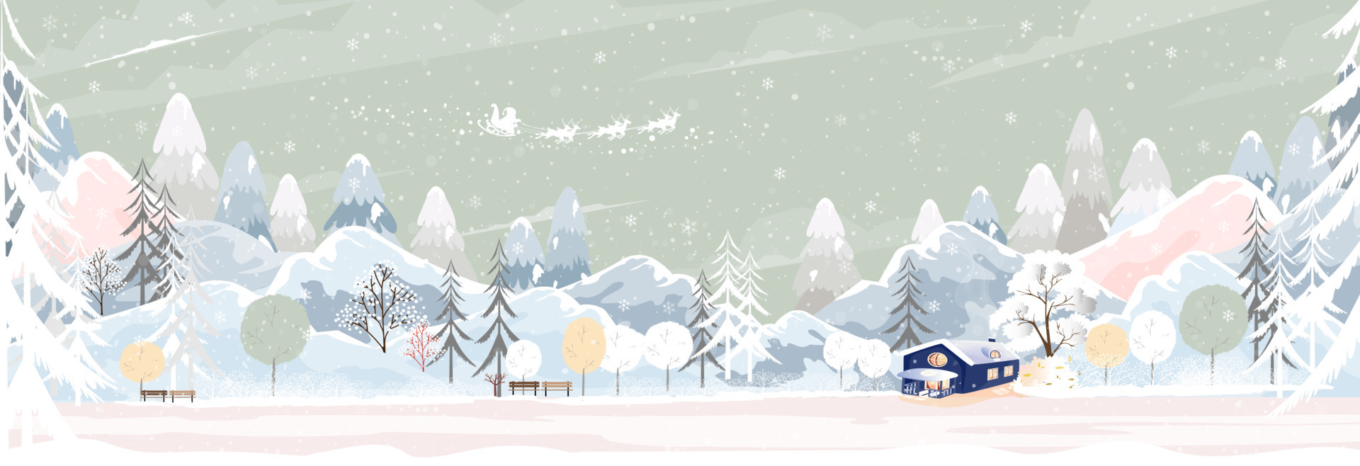 Winter landscape with snowing covering forest pine tree and mountains, Panoramic Winter wonderland with farm house in village, Vector Horizontal banner for Christmas holiday or New year 2023 background Vector Art