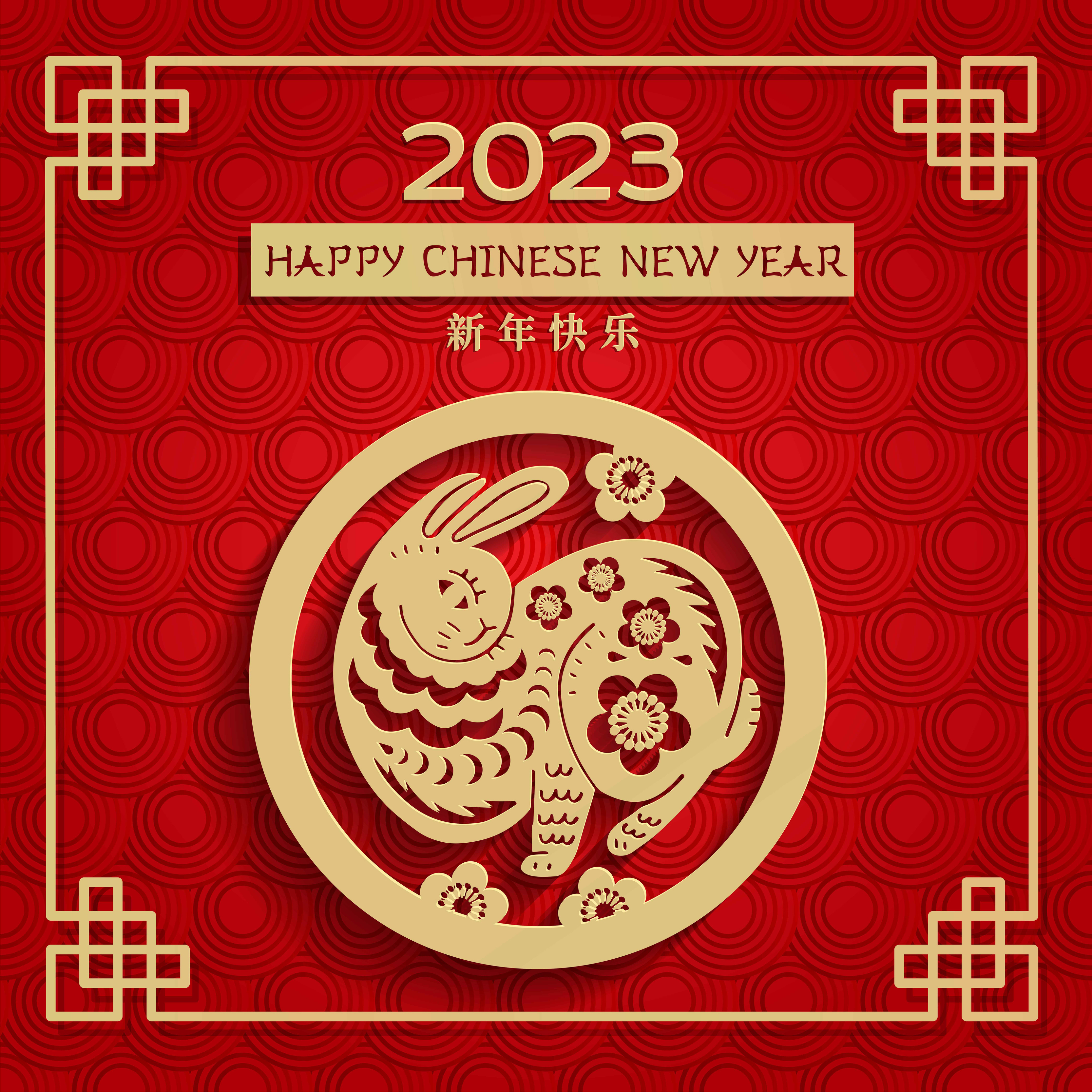 Chinese new year 2023 greeting card with Rabbit Zodiac sign. Banner with gold paper cut art and craft style on red background. Chinese Translation- happy new year 2023. Vector 3D illustration. 6139633