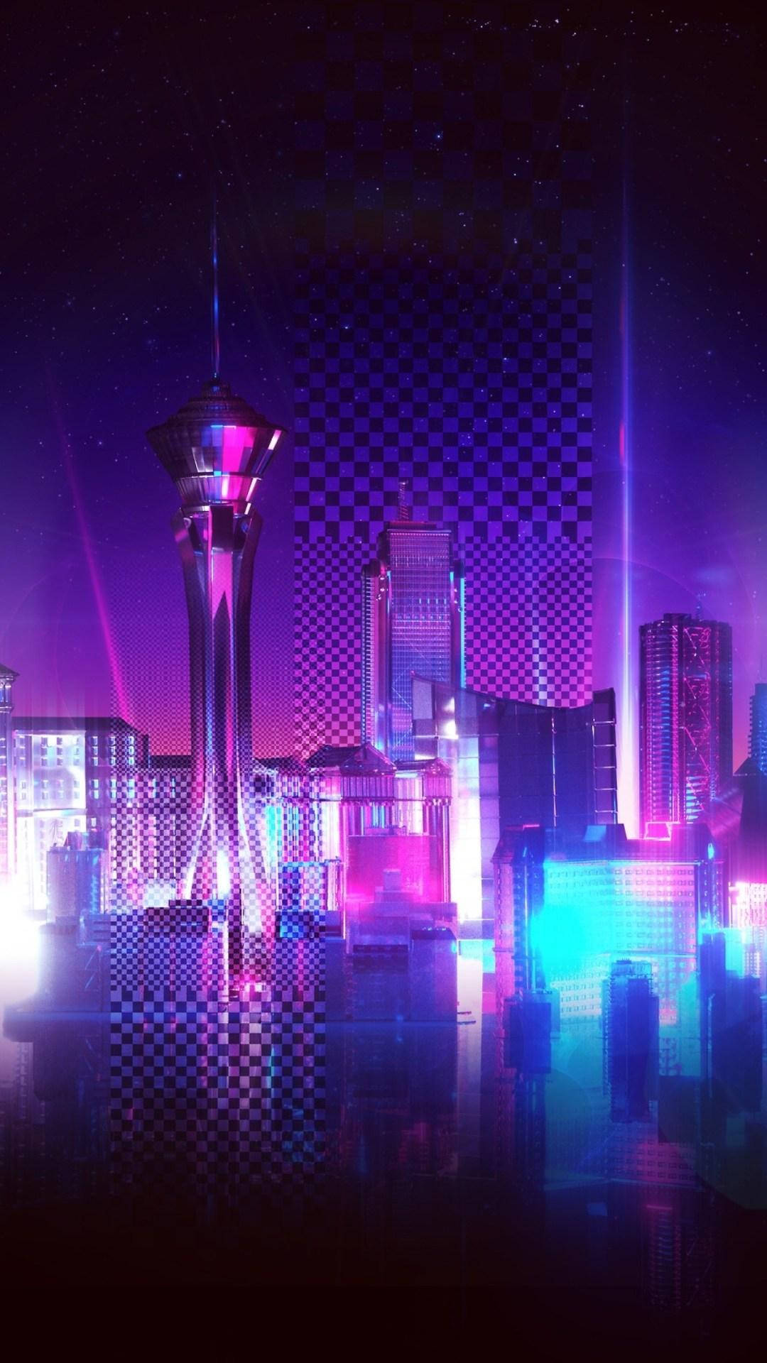 Download Aesthetic Purple Neon Computer Vaporwave City Wallpaper