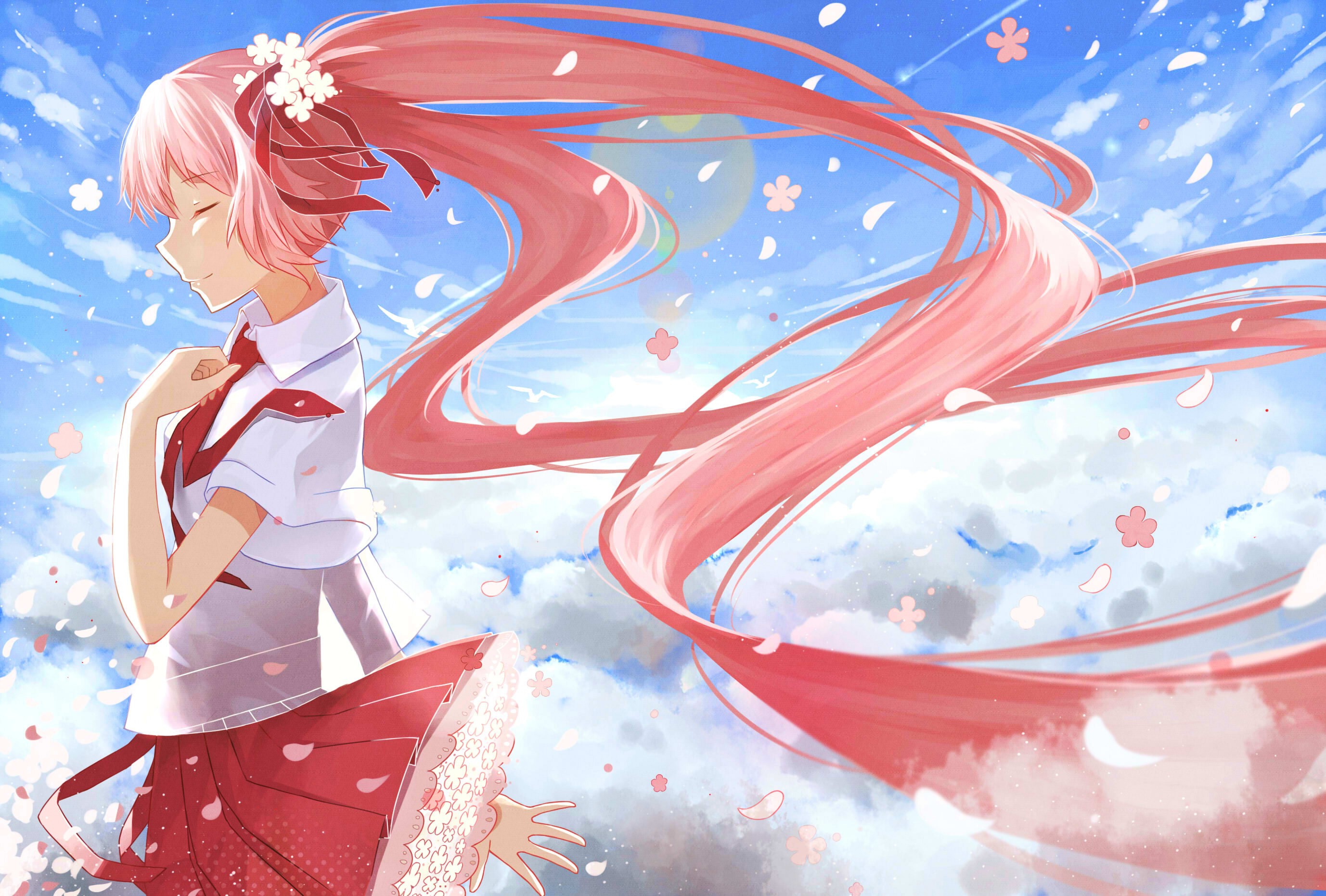 Sakura Miku, sky, Hatsune Miku, flowers, Vocaloid, anime girls, skirt Gallery HD Wallpaper