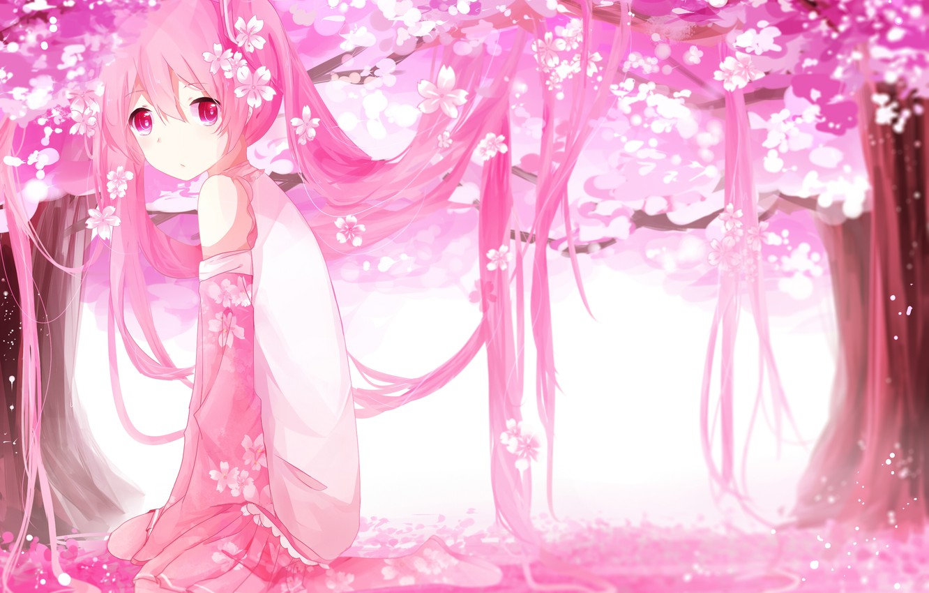 Wallpaper girl, trees, flowers, anime, petals, Sakura, art, vocaloid, sakura, mike image for desktop, section сёдзё
