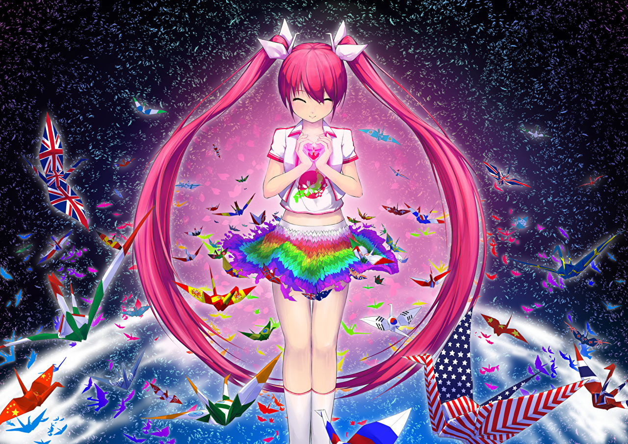 Photo Earth Vocaloid sakura miku Hair Anime female Fantasy Flag