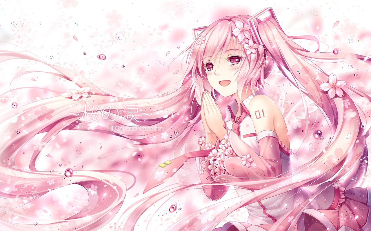flower petals, crying, flower in hair, long hair, Sakura Miku, anime girls, neckties, Hatsune Miku, twintails, anime, Vocaloid Gallery HD Wallpaper