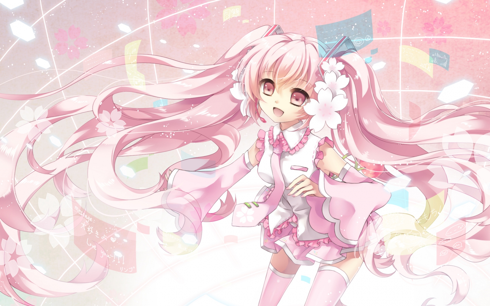 ceru, Long, Hair, Pink, Eyes, Pink, Hair, Sakura, Miku, Thighhighs, Tie, Vocaloid Wallpaper HD / Desktop and Mobile Background
