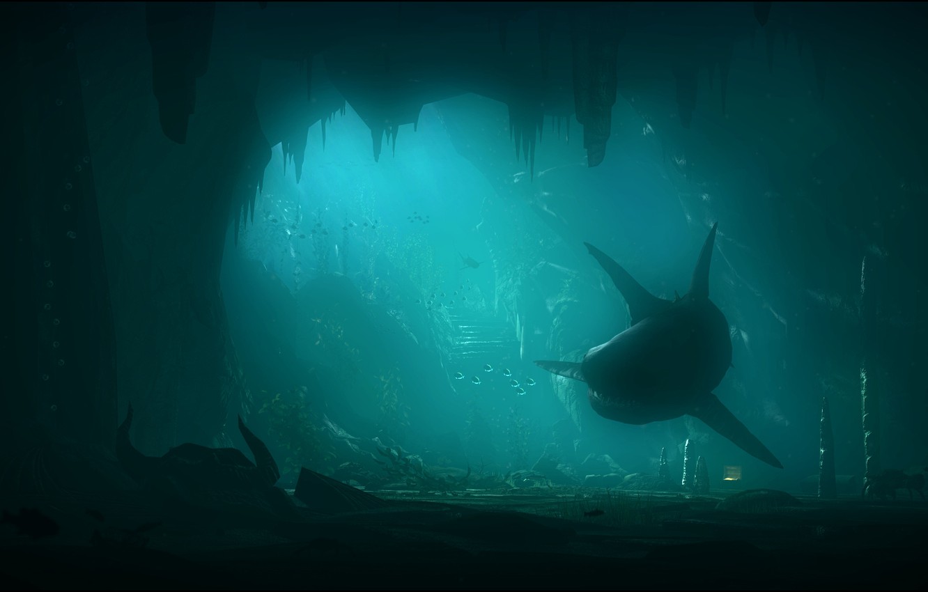 Wallpaper sea, rocks, shark, art, underwater world image for desktop, section рендеринг