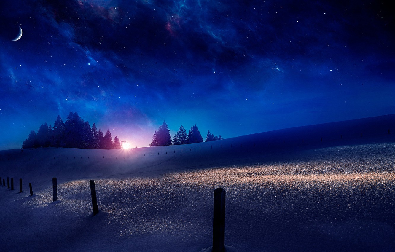 Wallpaper winter, forest, the sky, the sun, space, stars, light, snow, landscape, sunset, night, nature, the dark background, rendering, the moon, posts image for desktop, section рендеринг