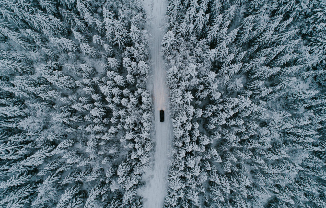Wallpaper winter, road, machine, forest, snow, trees, nature, the view from the top image for desktop, section природа