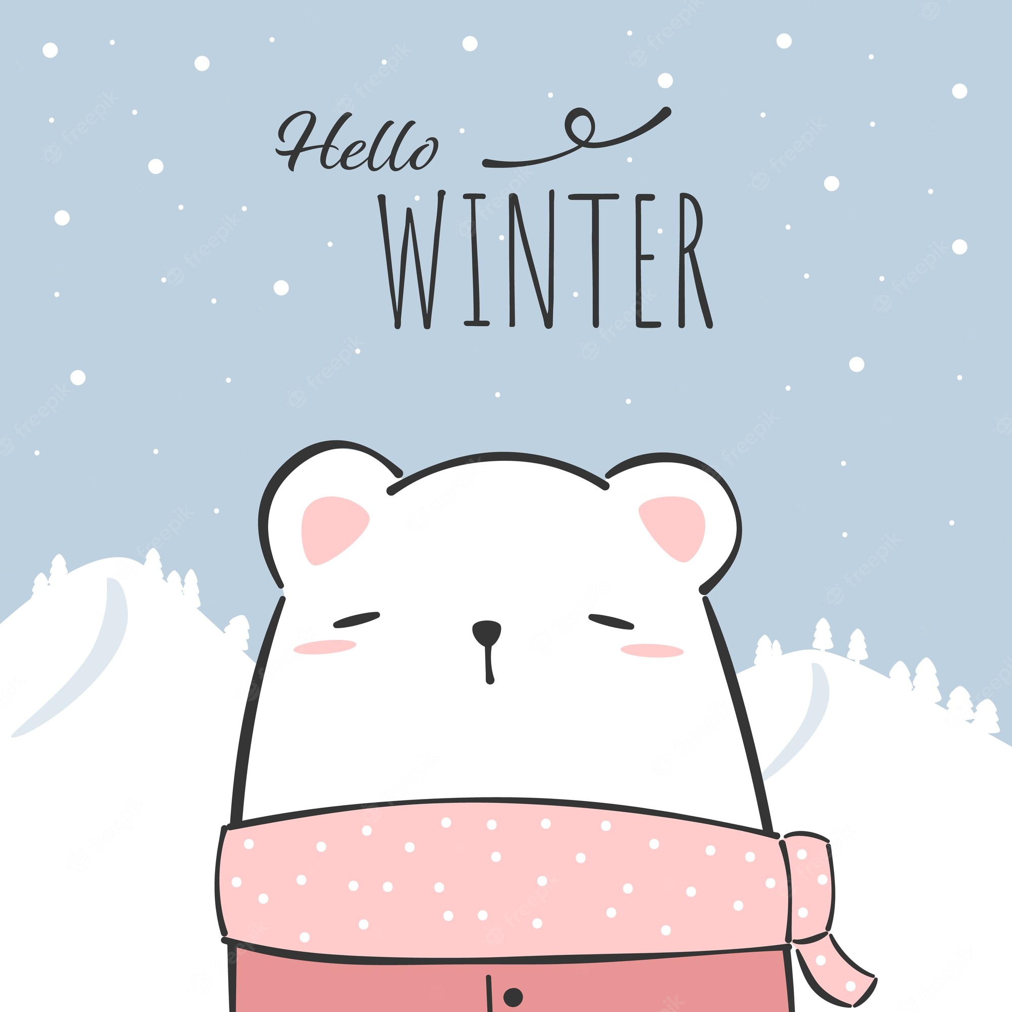 Premium Vector. Cute polar bear cartoon doodle winter greeting card