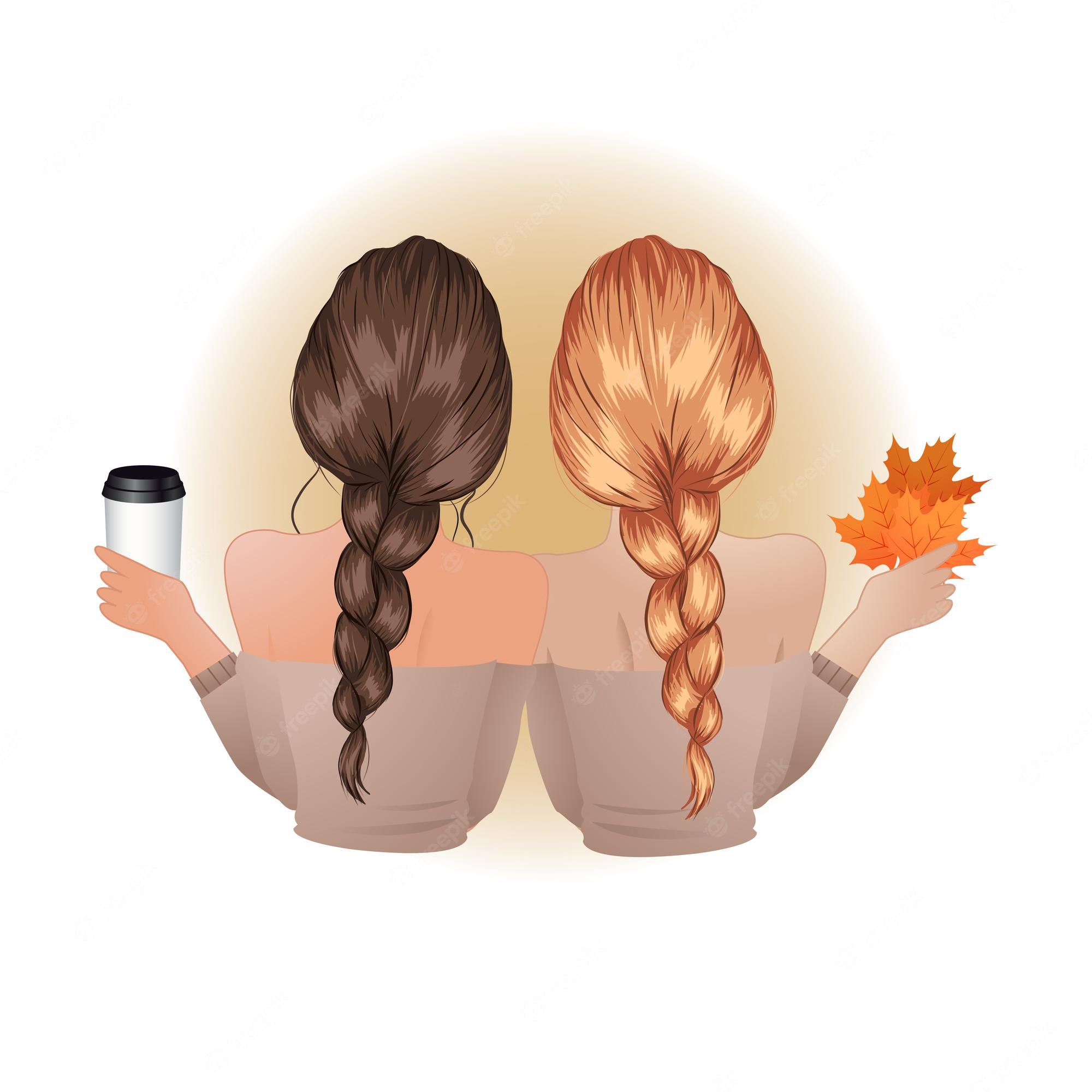 Premium Vector. Girl best friend with warm coffee and autumn foliage