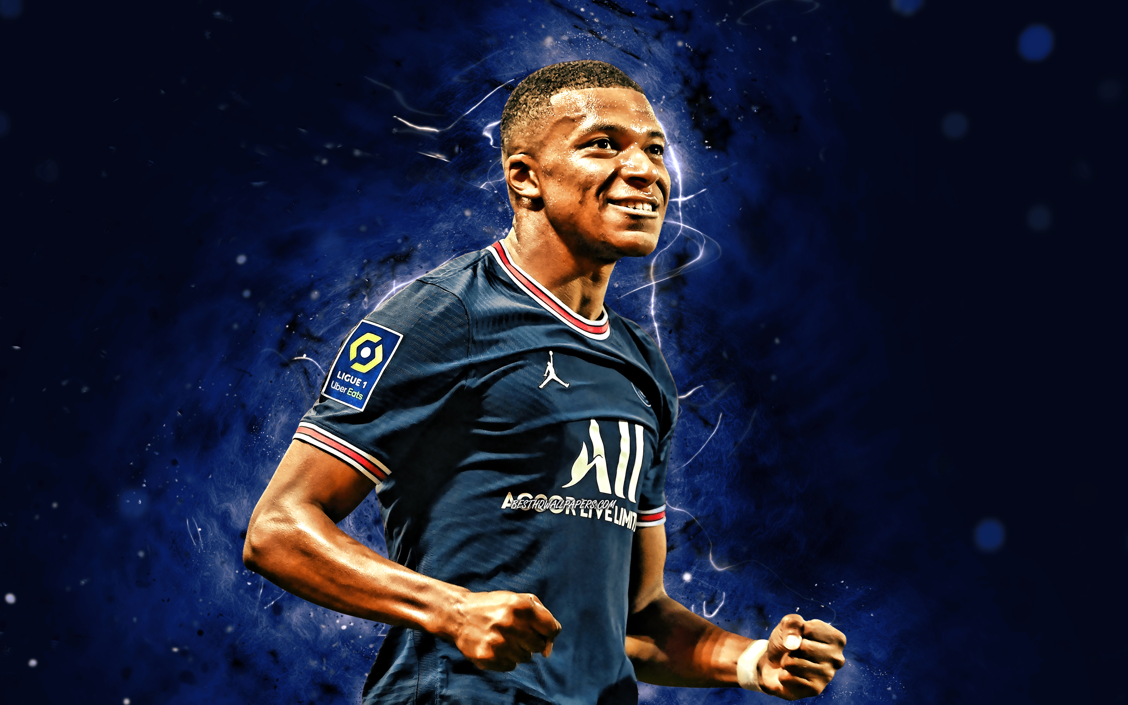 Download Wallpaper 4k, Kylian Mbappe, 2022, PSG, Blue Neon Lights, French Footballers, Paris Saint Germain, Ligue 1, Football, Kylian Mbappe PSG, Soccer, Kylian Mbappe 4K For Desktop With Resolution 3840x2400. High Quality HD