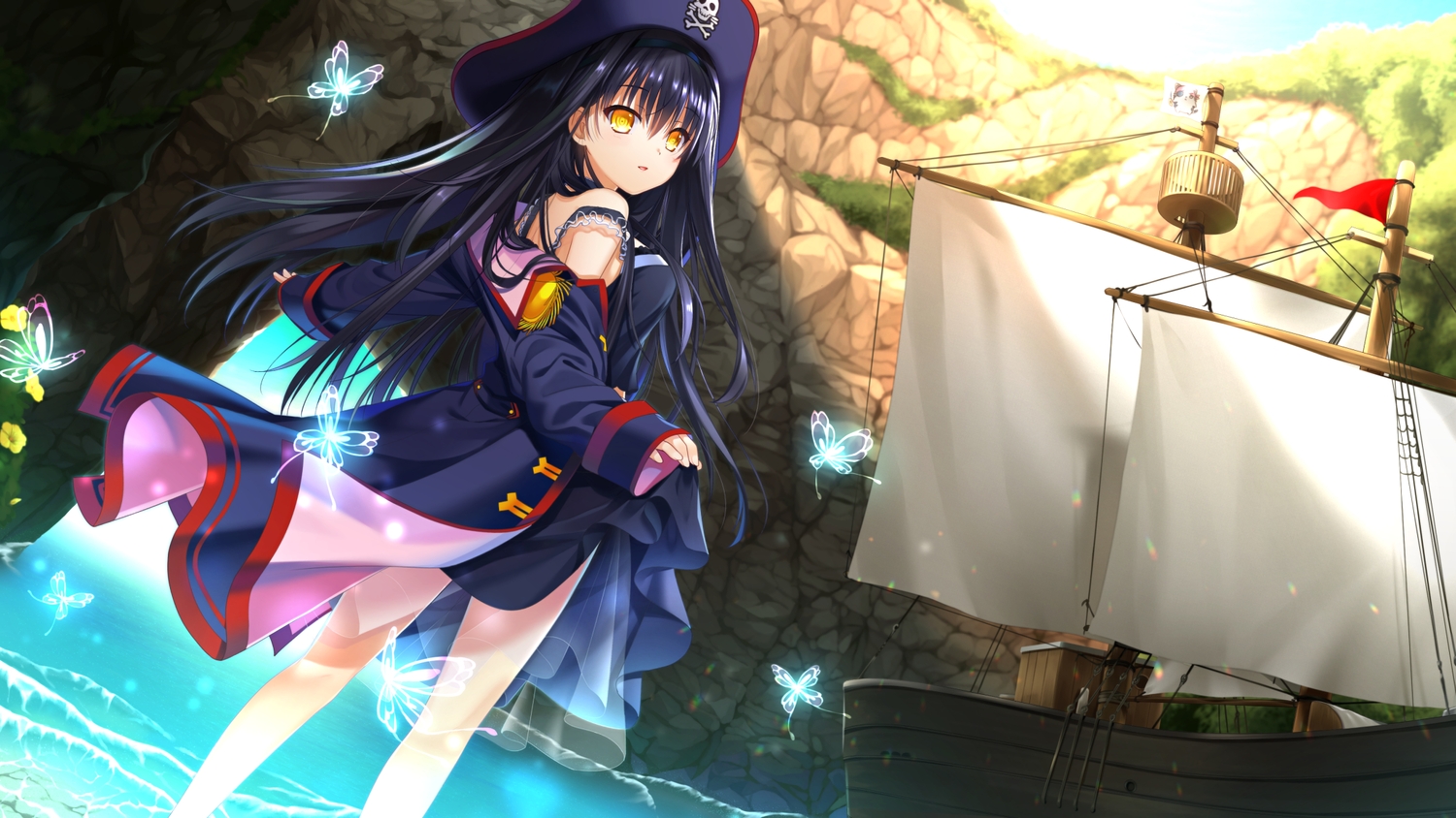 black hair butterfly hat kushima kamome long hair otou21 pirate summer pockets water yellow eyes. konachan.com.com Anime Wallpaper
