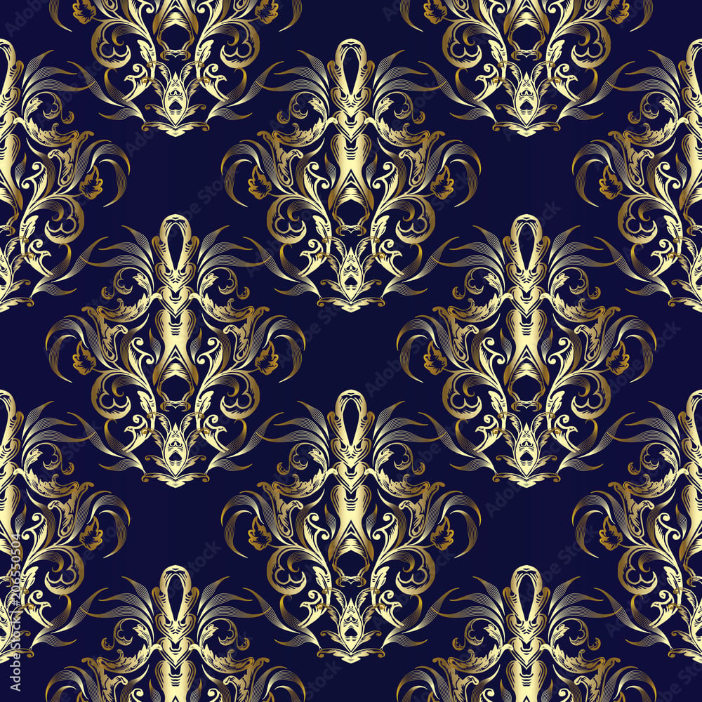 Gold Baroque seamless pattern. Vector royal ornate blue damask background. Golden vintage 3D damask ornaments in baroque Victorian style. Antique repeated design for wallpaper, fabric, textile, print Stock Vector