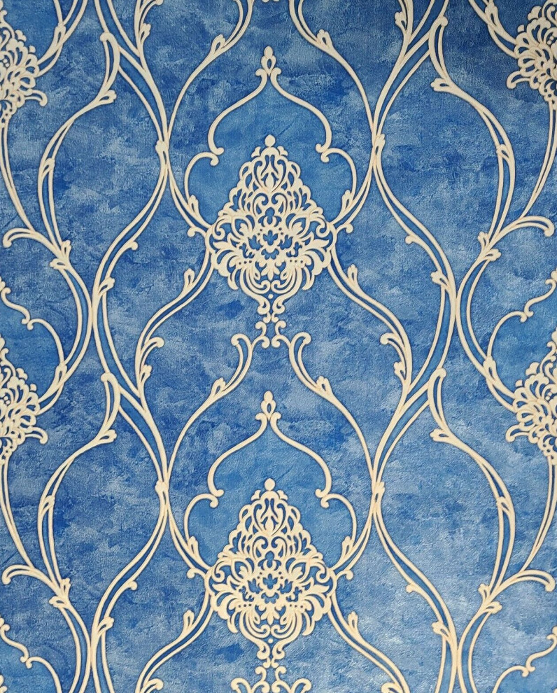 M5123 Royal blue beige gold Victorian damask Wallpaper Wallcoverings Mart