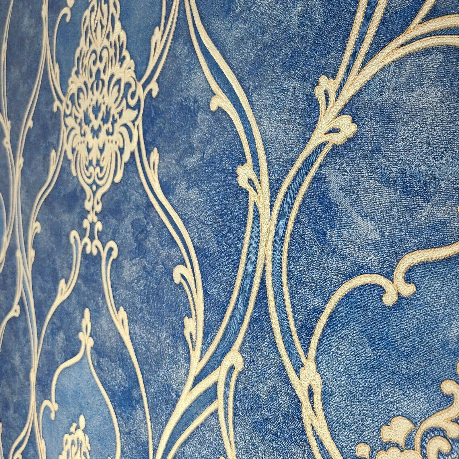 Wallpaper Royal blue beige gold textured Victorian vintage damask faux fabric 3D