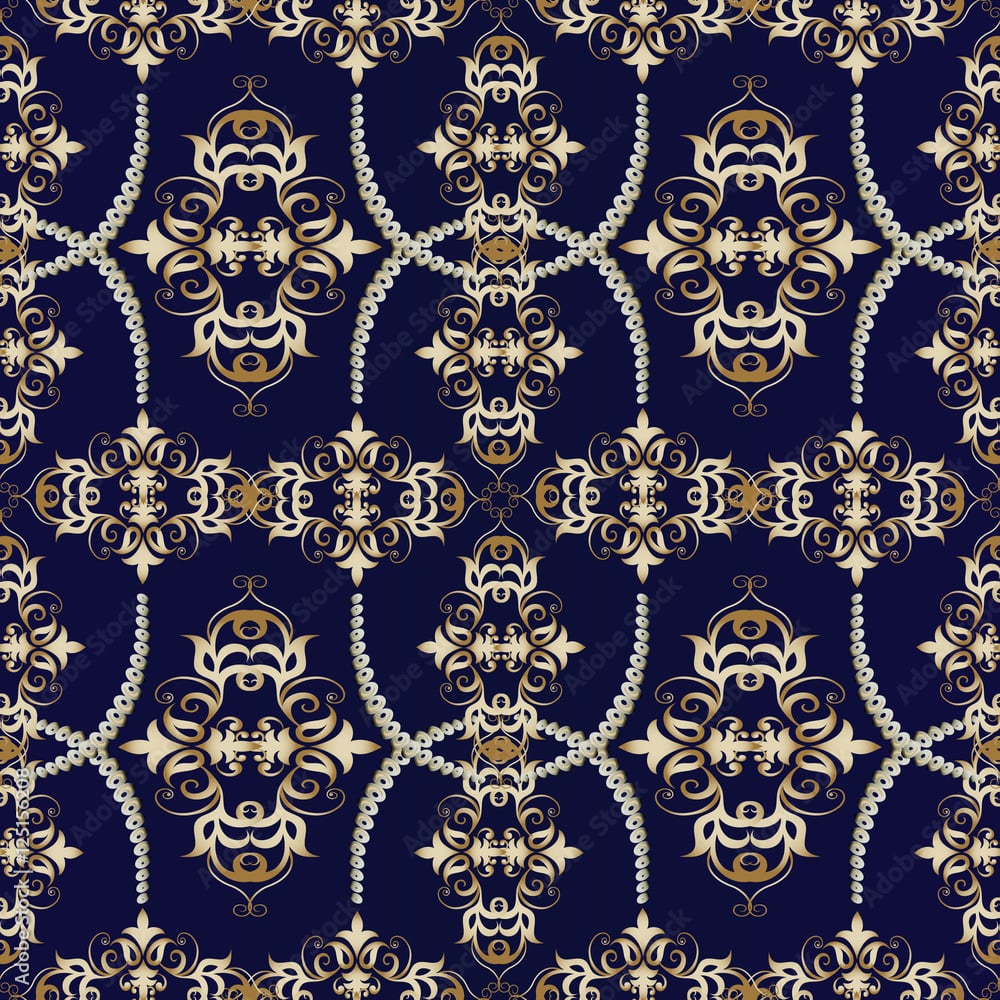 Damask floral vector seamless pattern background wallpaper illustration with gold antique decorative vintage 3D flowers leaves and ornaments.Endless luxury royal blue floral texture Stock Vector