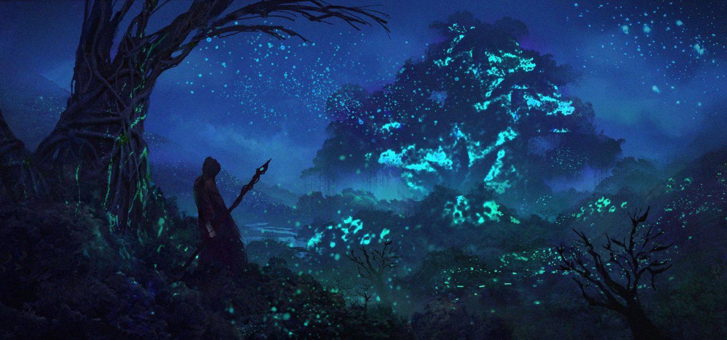 Fantasy art warrior magic night trees blue wallpaperx1358