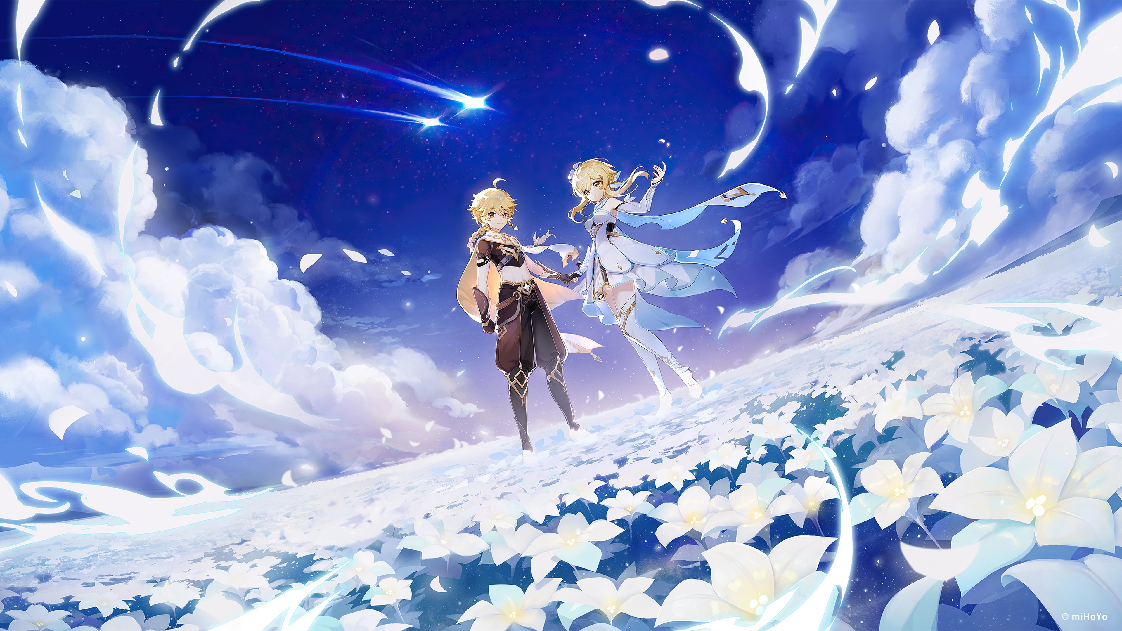 Traveler Aether and Lumine de Genshin Impact Wallpaper 4k Ultra HD