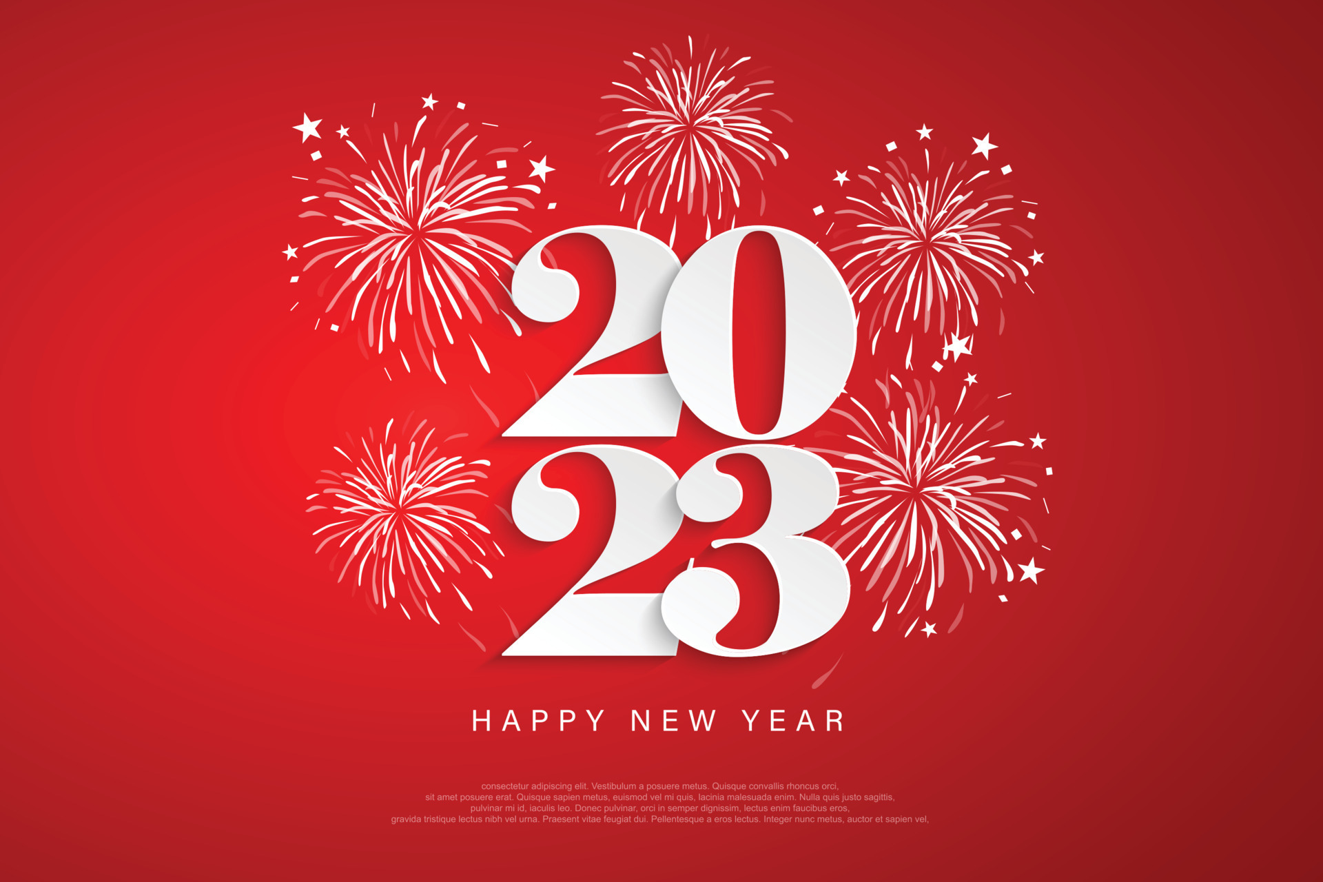 Happy New Year 2023 number design for posters, brochures, banners, websites, on red background and fireworks. Vector illustration