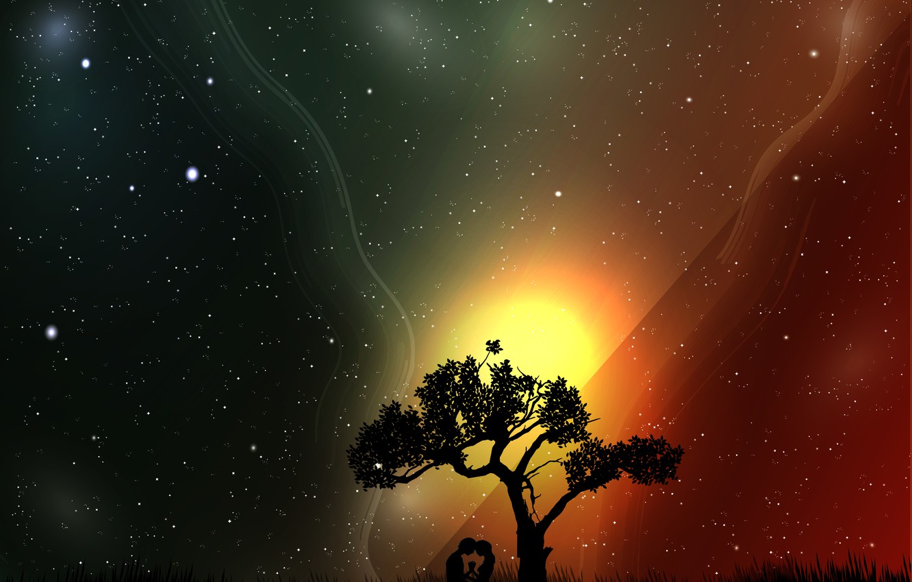 Wallpaper space, trees, love, people, the universe, stars, relationship, silhouettes image for desktop, section ситуации
