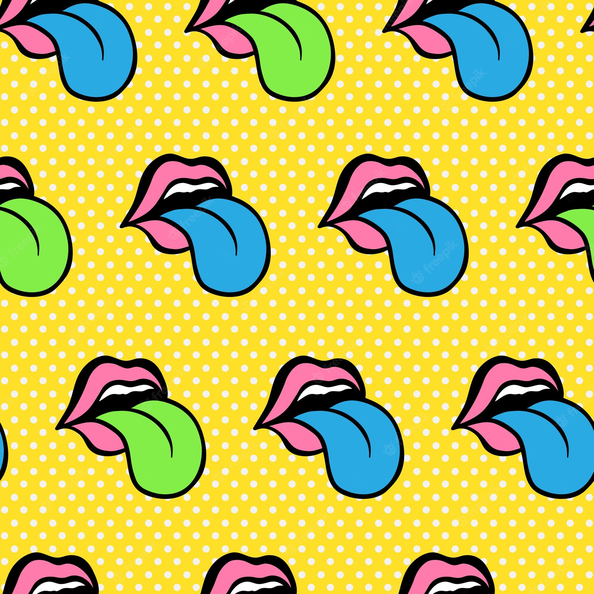 Premium Vector. Comic cute youth lips seamless pattern teen colorful vector stickers patches in 70's 80's 90's rock music pop art style for laptop jeans jacket teenage adolescent clothes yellow blue