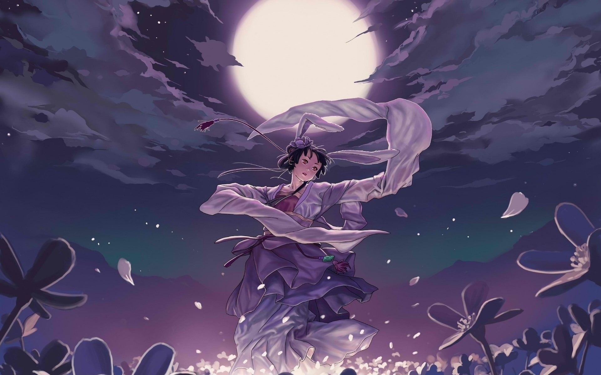 HD wallpaper: Anime, Flowers, Dance, Night, Girl, Moon, sky, nature, one person. Anime, Top anime characters, Character wallpaper