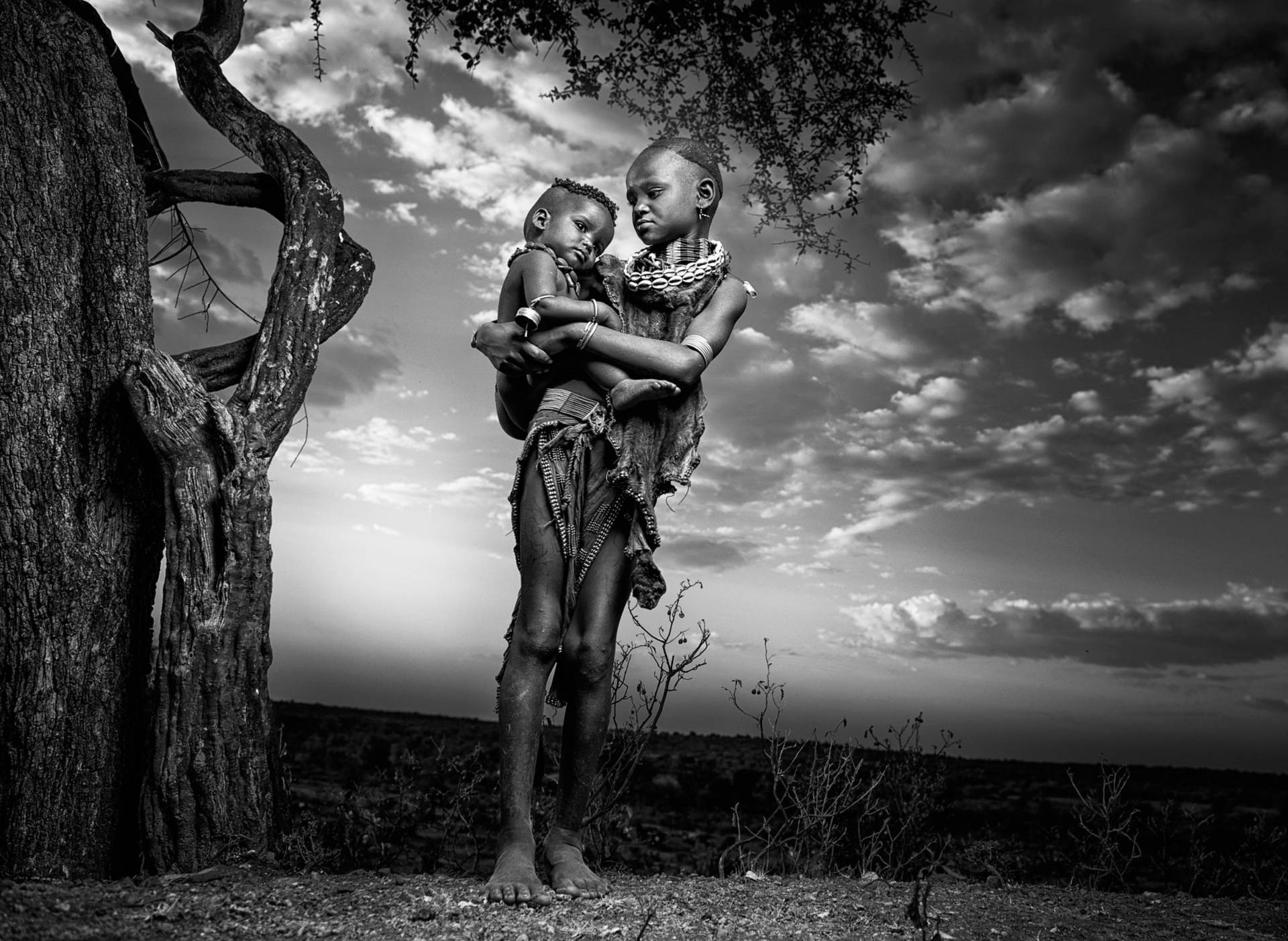 Download Monochrome Ethiopia Children At Tree Wallpaper