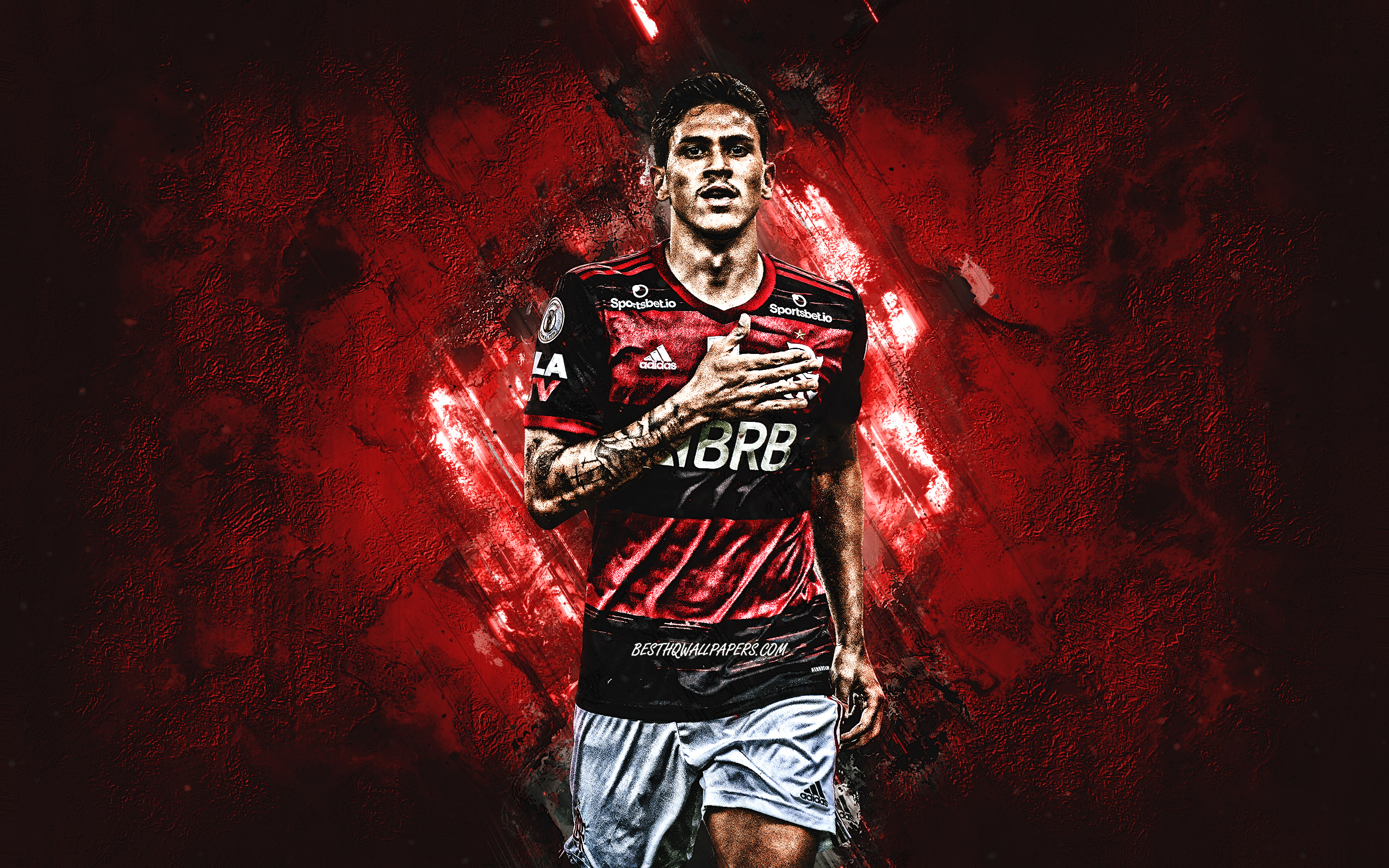Download wallpaper Pedro Guilherme, Flamengo, brazilian soccer player, red stone background, Serie A, Brazil, soccer, CR Flamengo for desktop with resolution 2880x1800. High Quality HD picture wallpaper